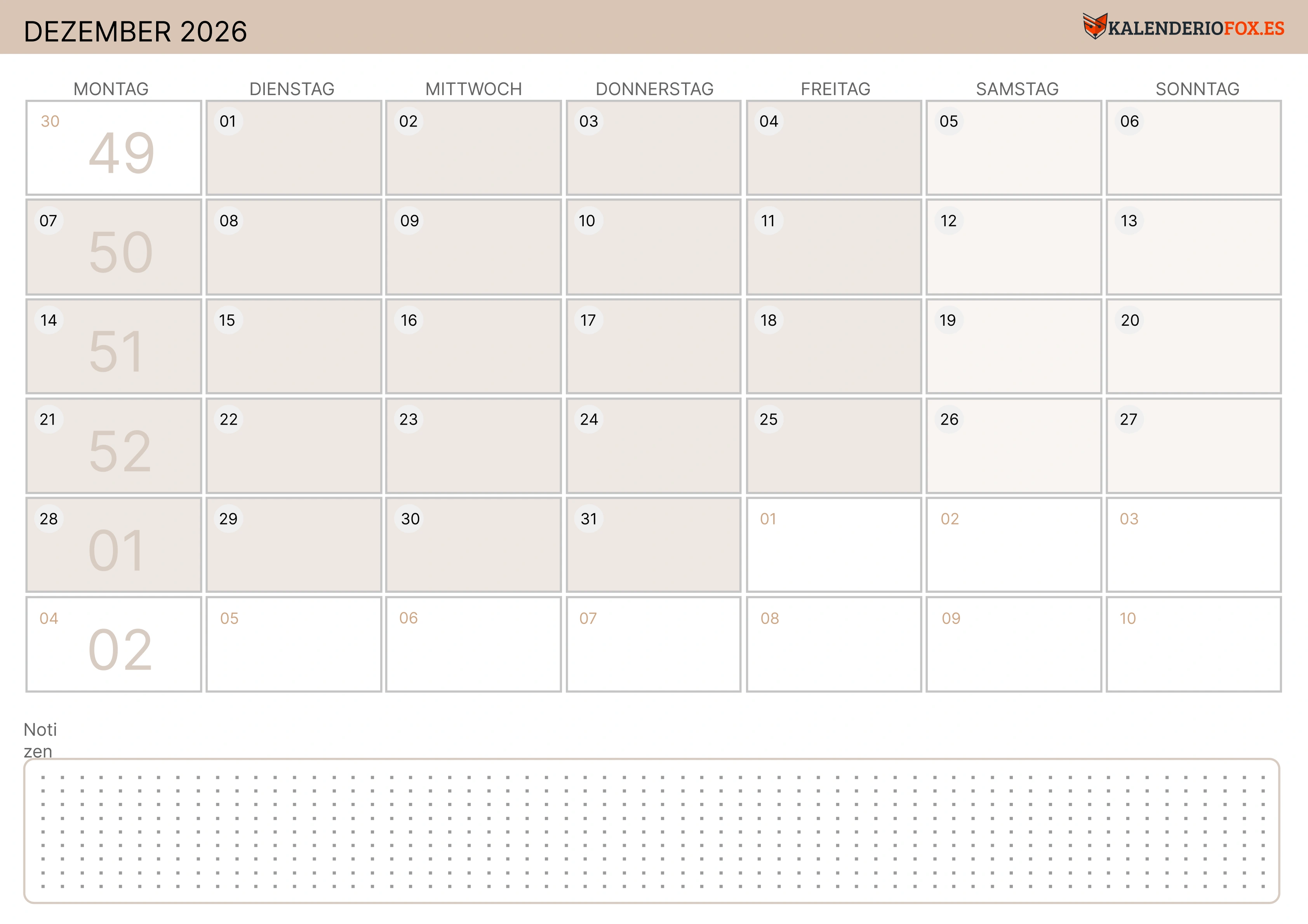 Dezember Kalender 2026 Zartes Gelb