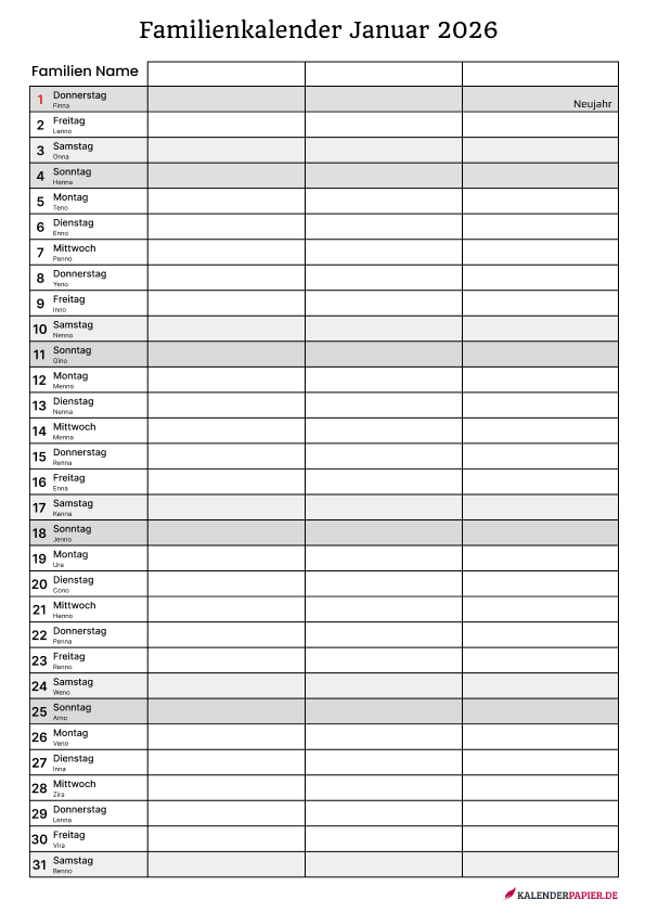 Familienkalender 3 personen