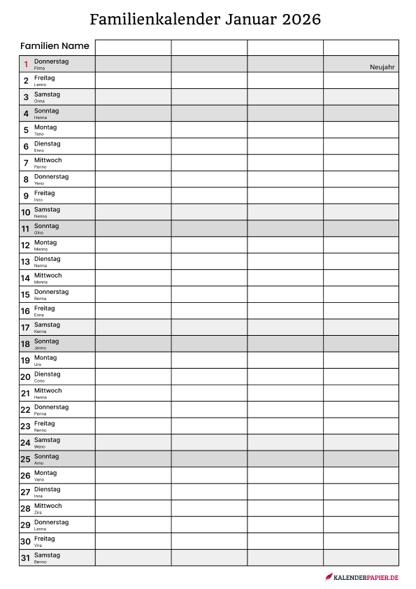 Familienkalender 4 personen