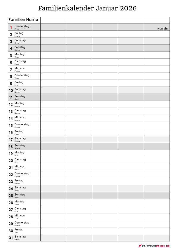 Familienkalender 5 personen