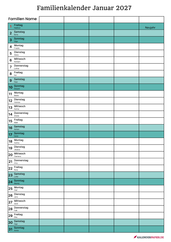 Familienkalender 5 personen