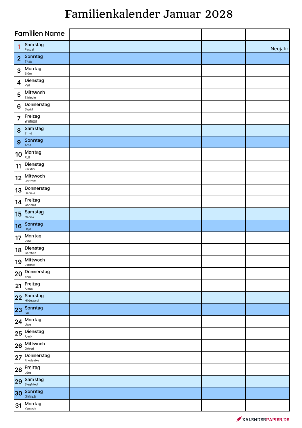 Familienkalender 5 personen
