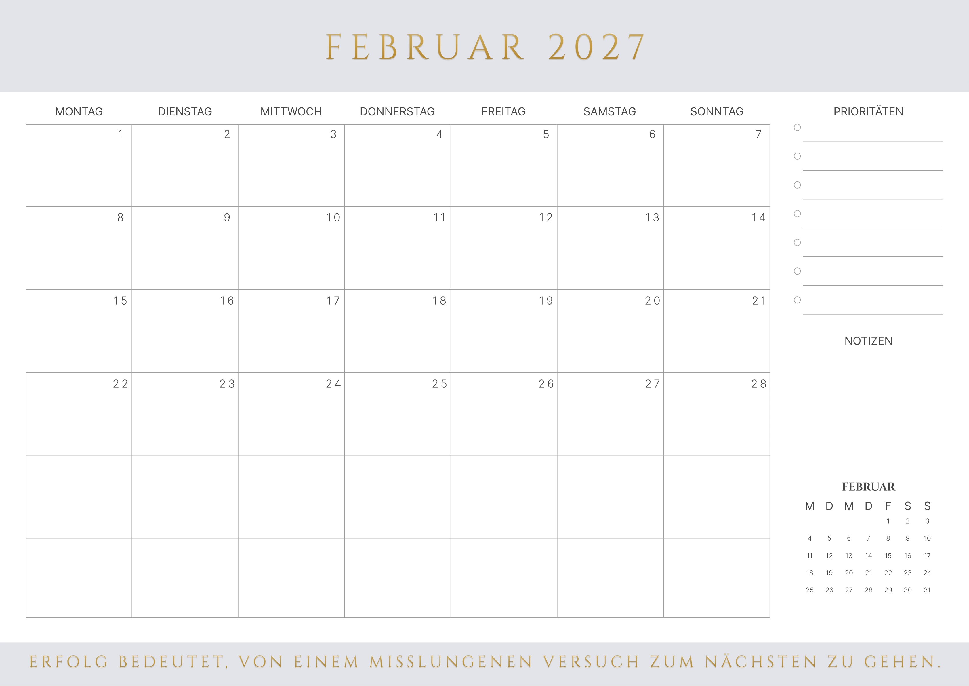 Februar Kalender 2027 Braun