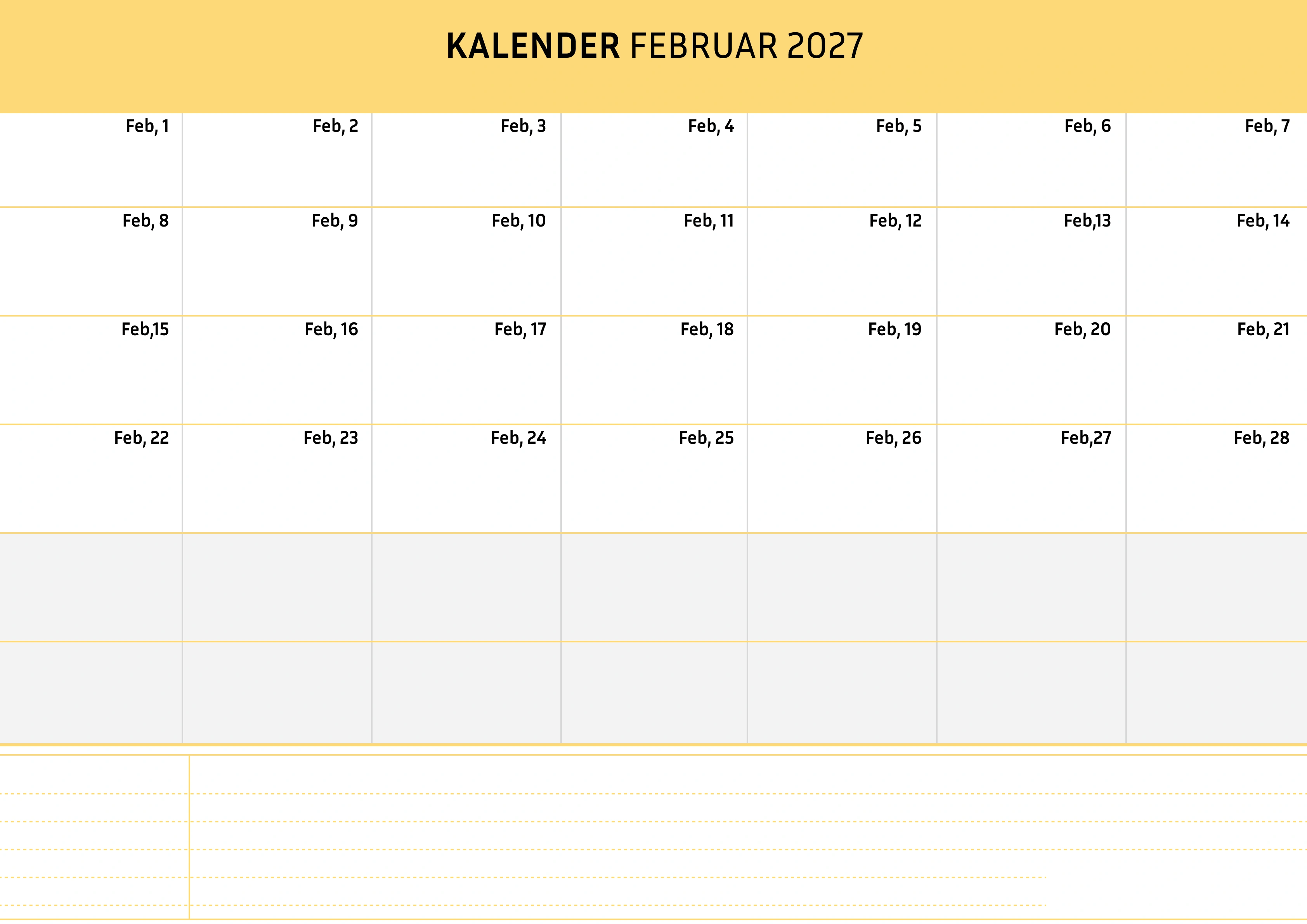 Februar Kalender 2027 Cremfarben