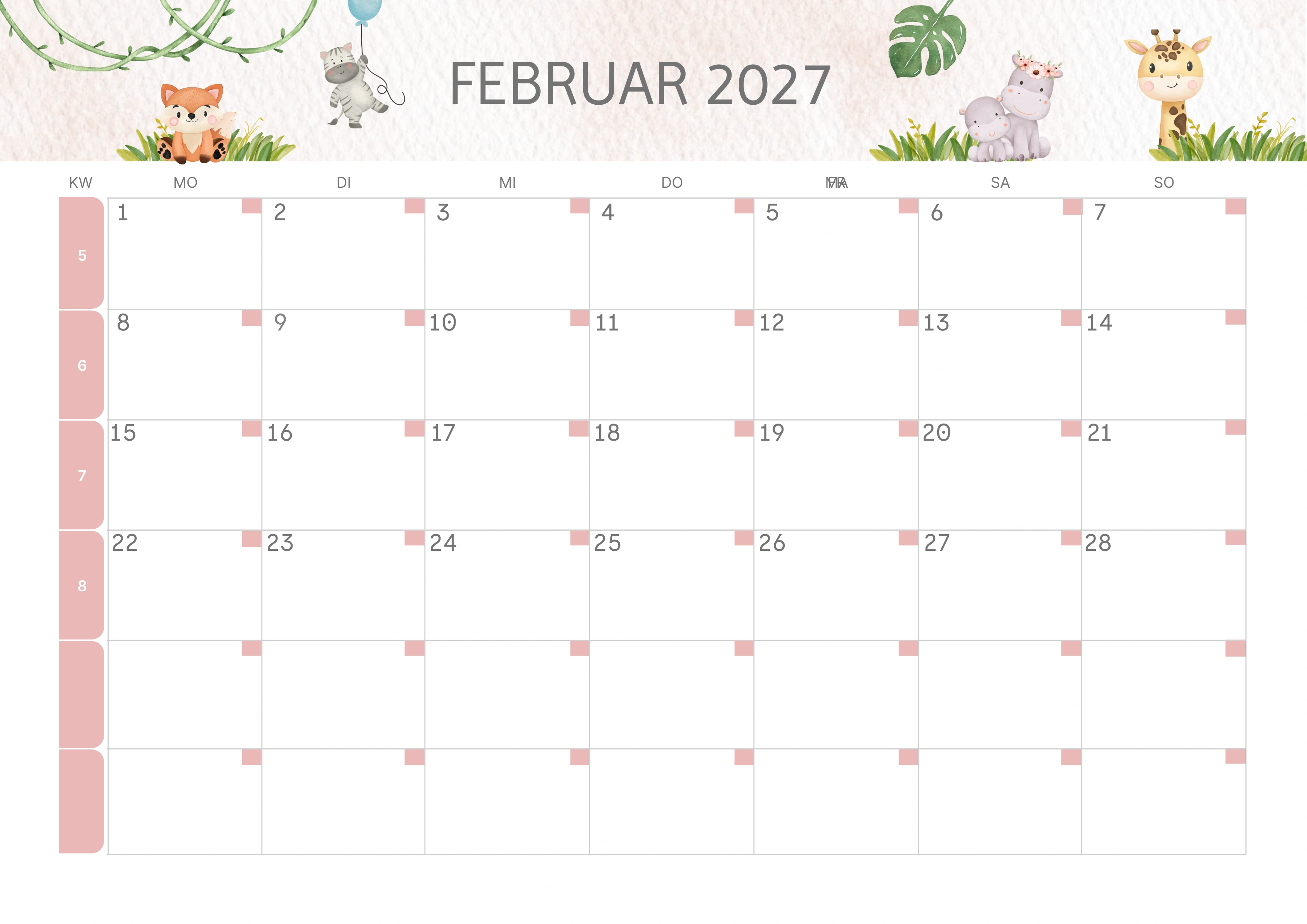 Semesterkalender 2026 Erstes Halbjahr Minimalistisch