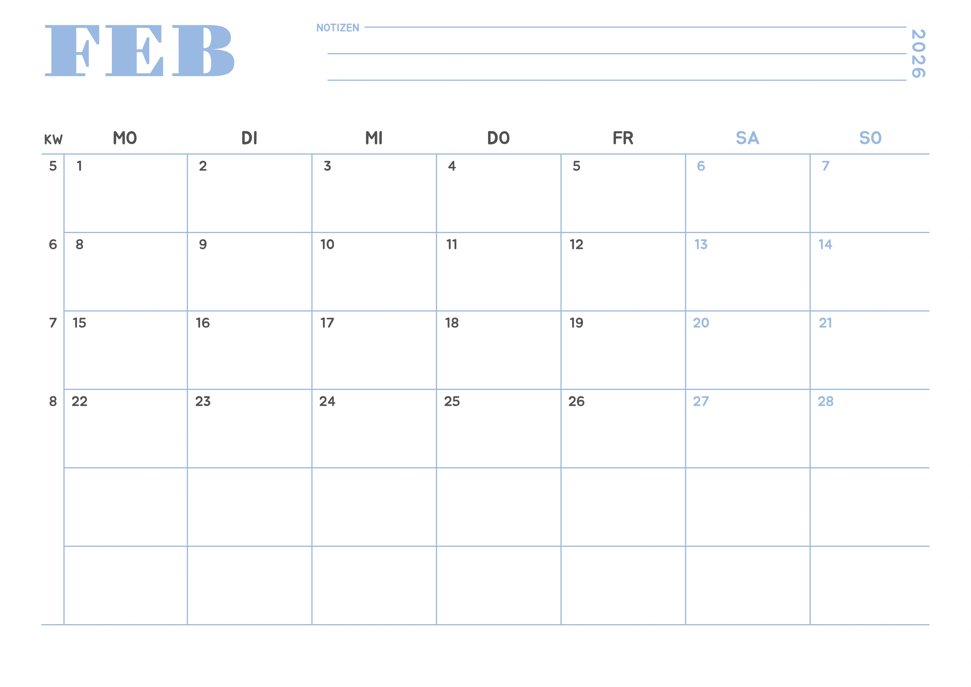 Februar Kalender 2027 Minimalistisch Himmelblau