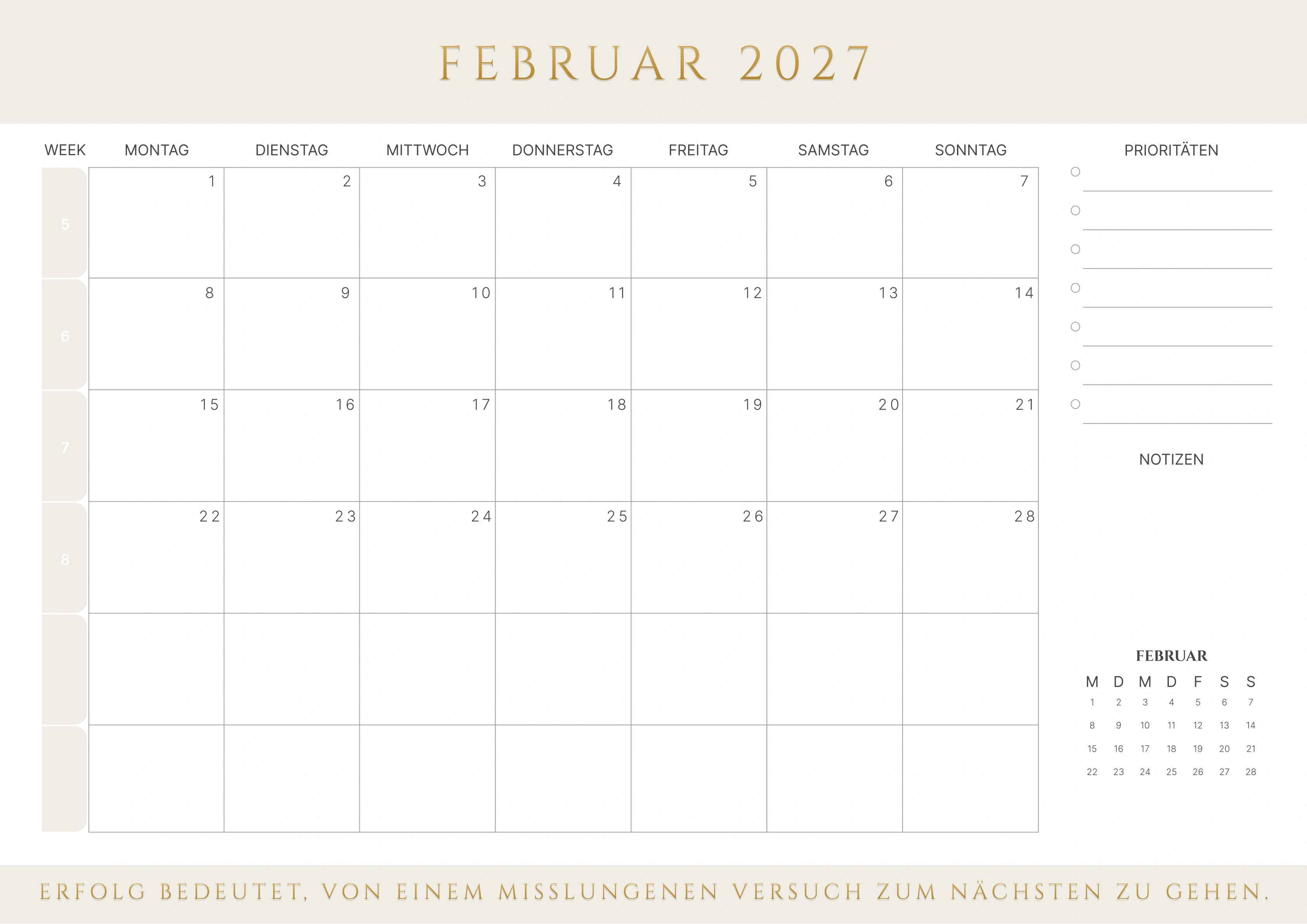 Februar Kalender 2027 mit Kalenderwochen