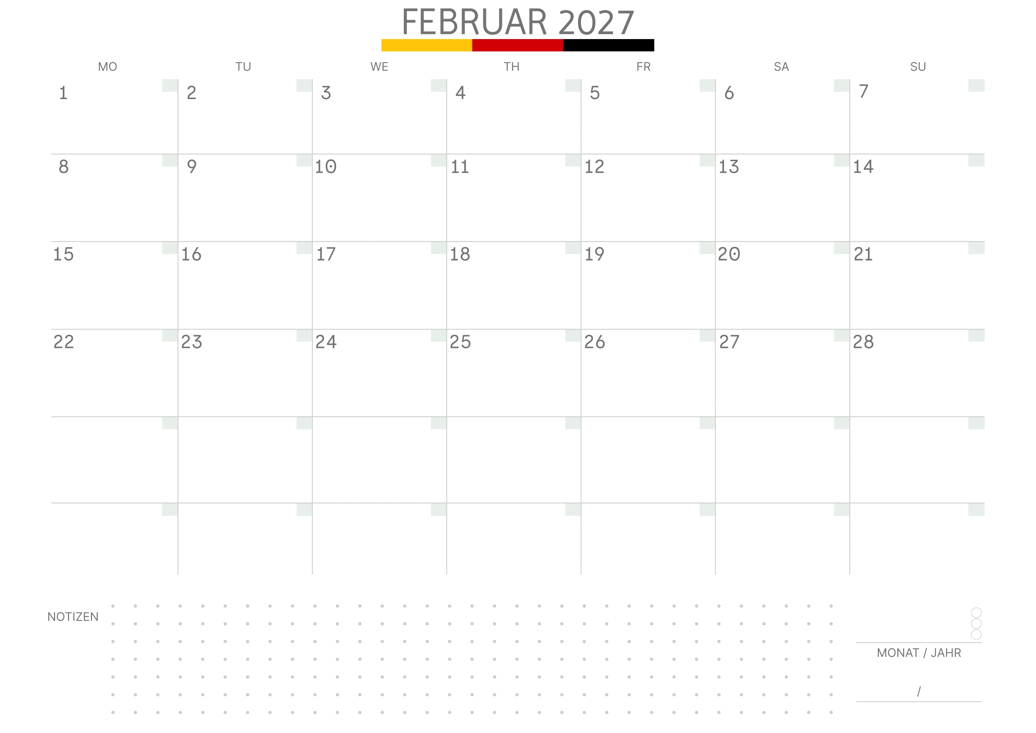 Februar Kalender 2027 mit Notizen