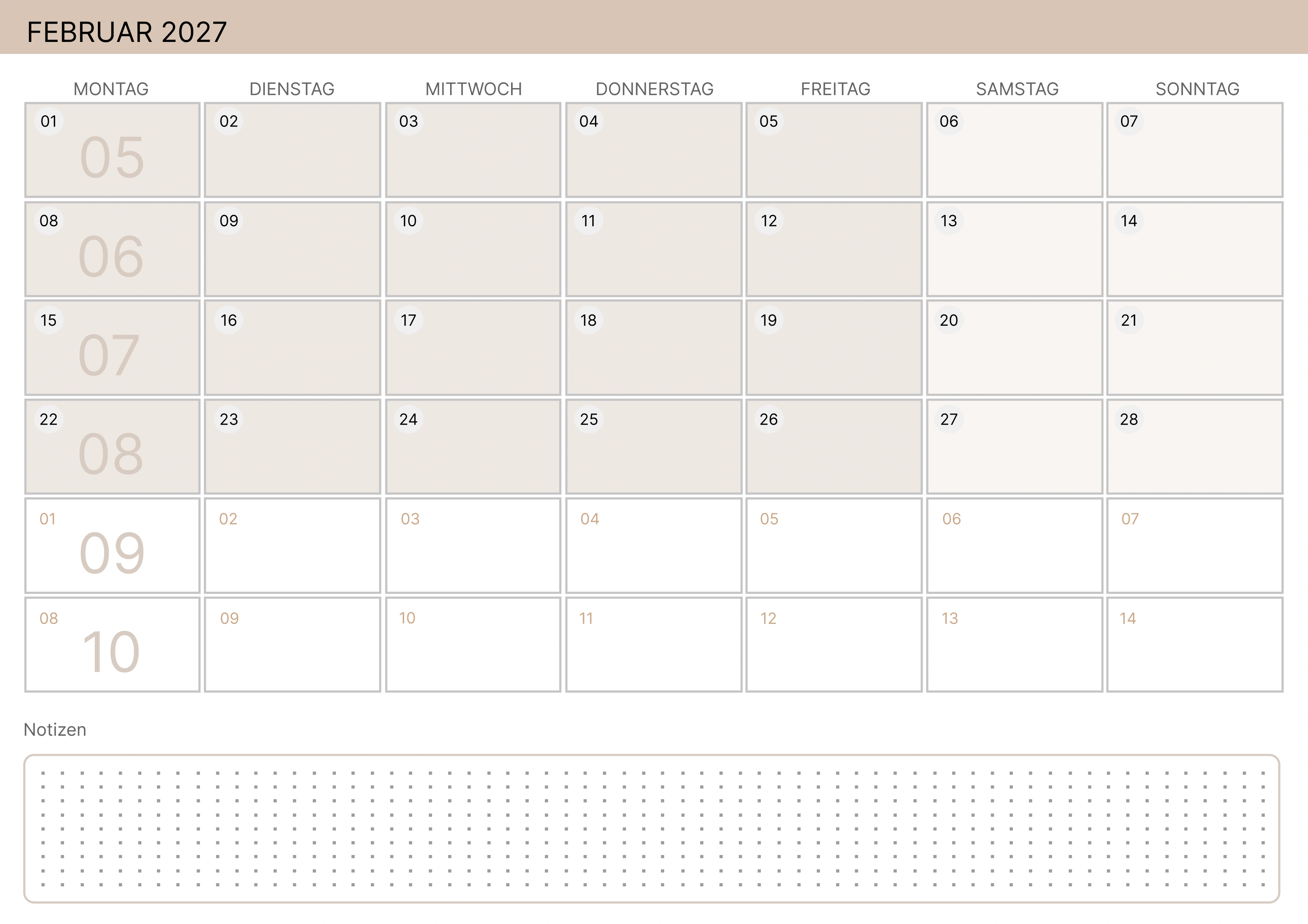 Februar Kalender 2027 Zartes Gelb