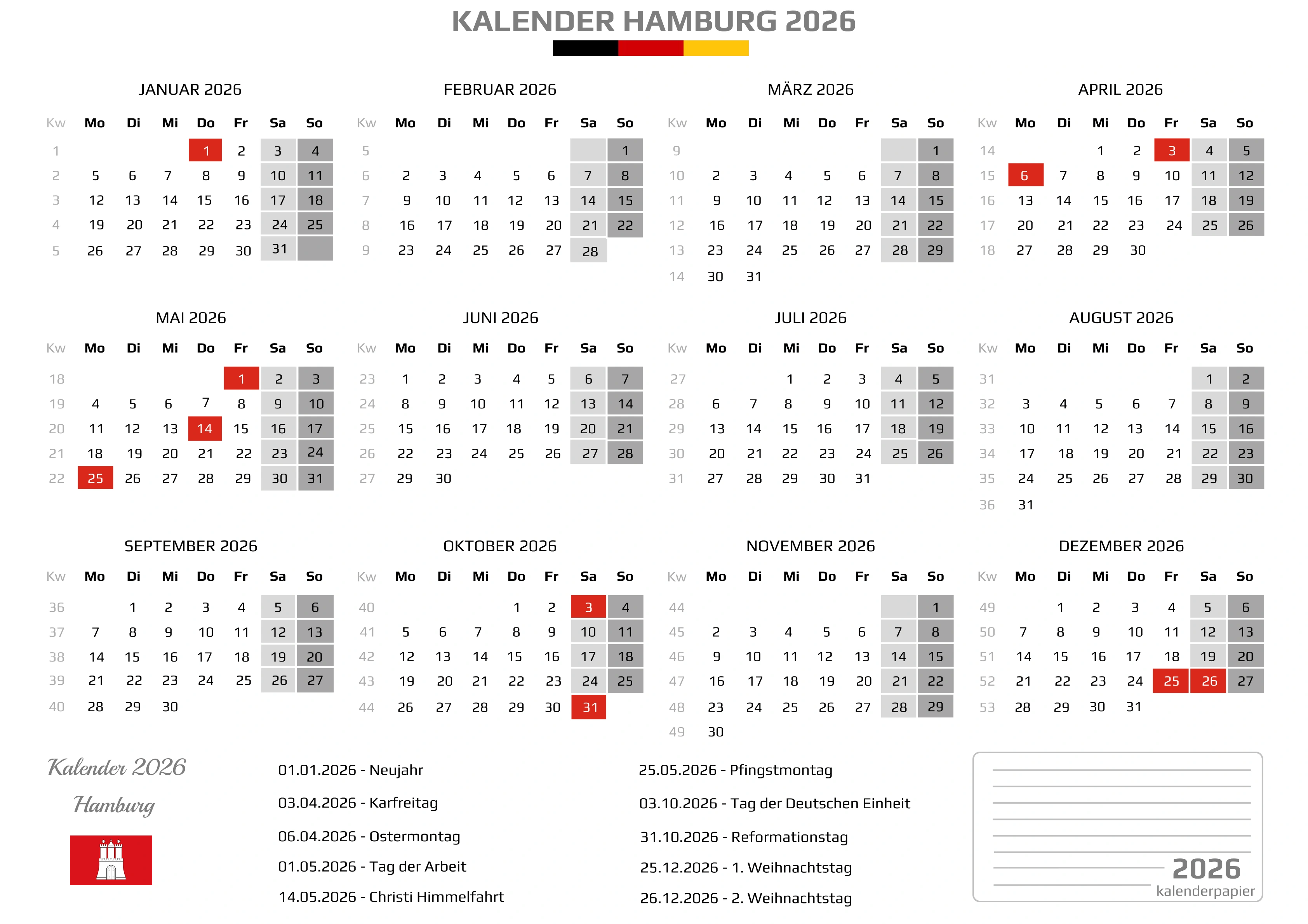 Der Kalender mit der Kompletten BW Feirtage