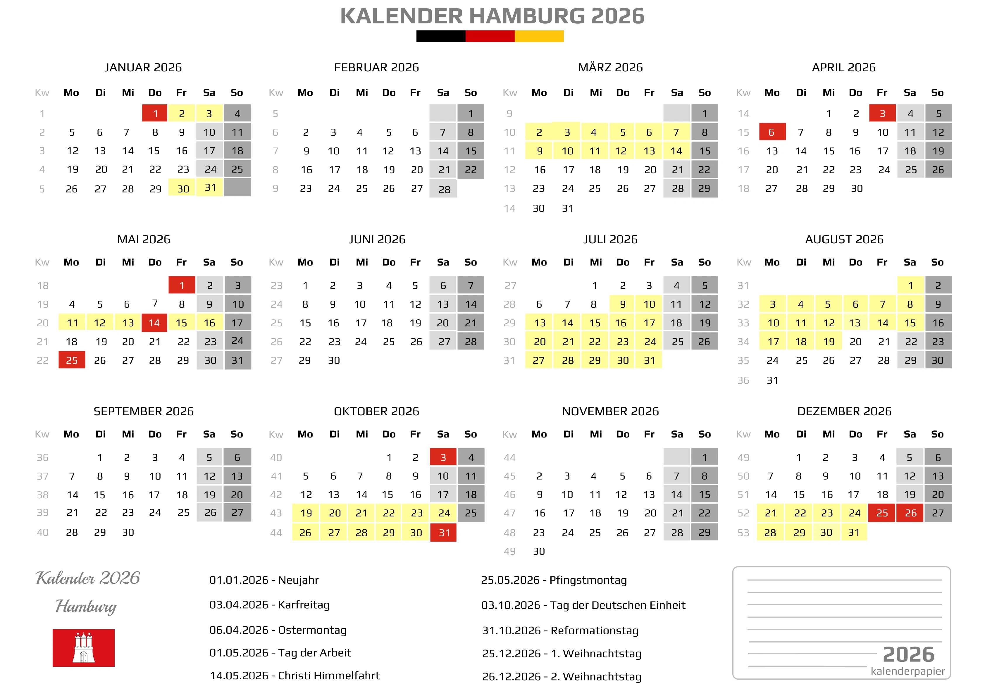Der Kalender mit der Kompletten BW Feirtage