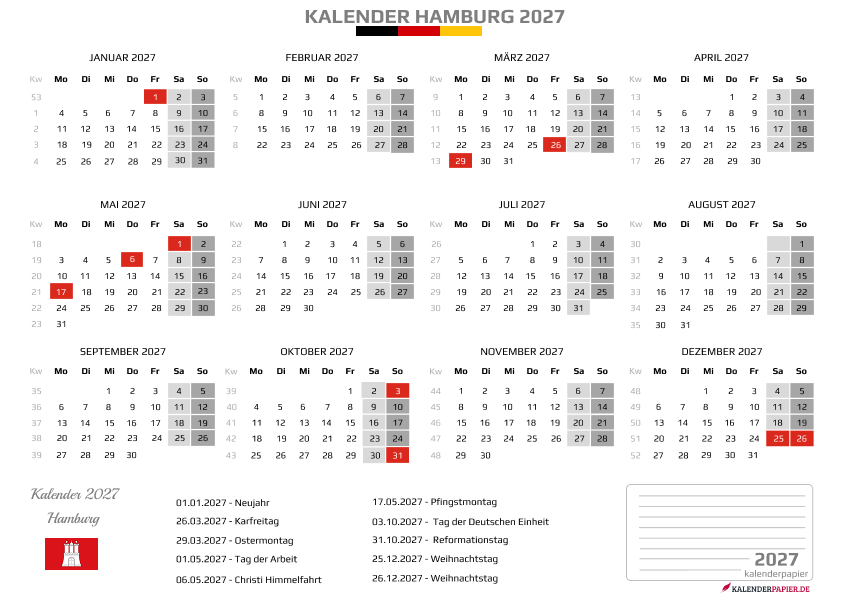 Kalender 2027 Hamburg mit Feiertagen