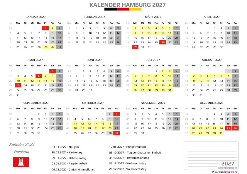 Kalender 2027 Hamburg mit Ferien