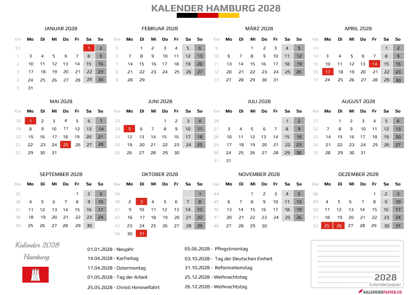 Kalender 2028 Hamburg mit Feiertagen
