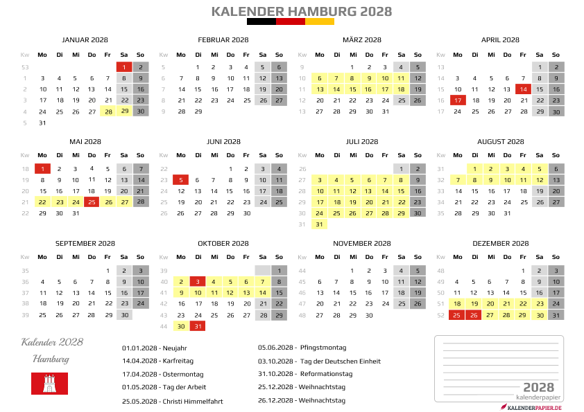 Kalender 2028 Hamburg mit Ferien