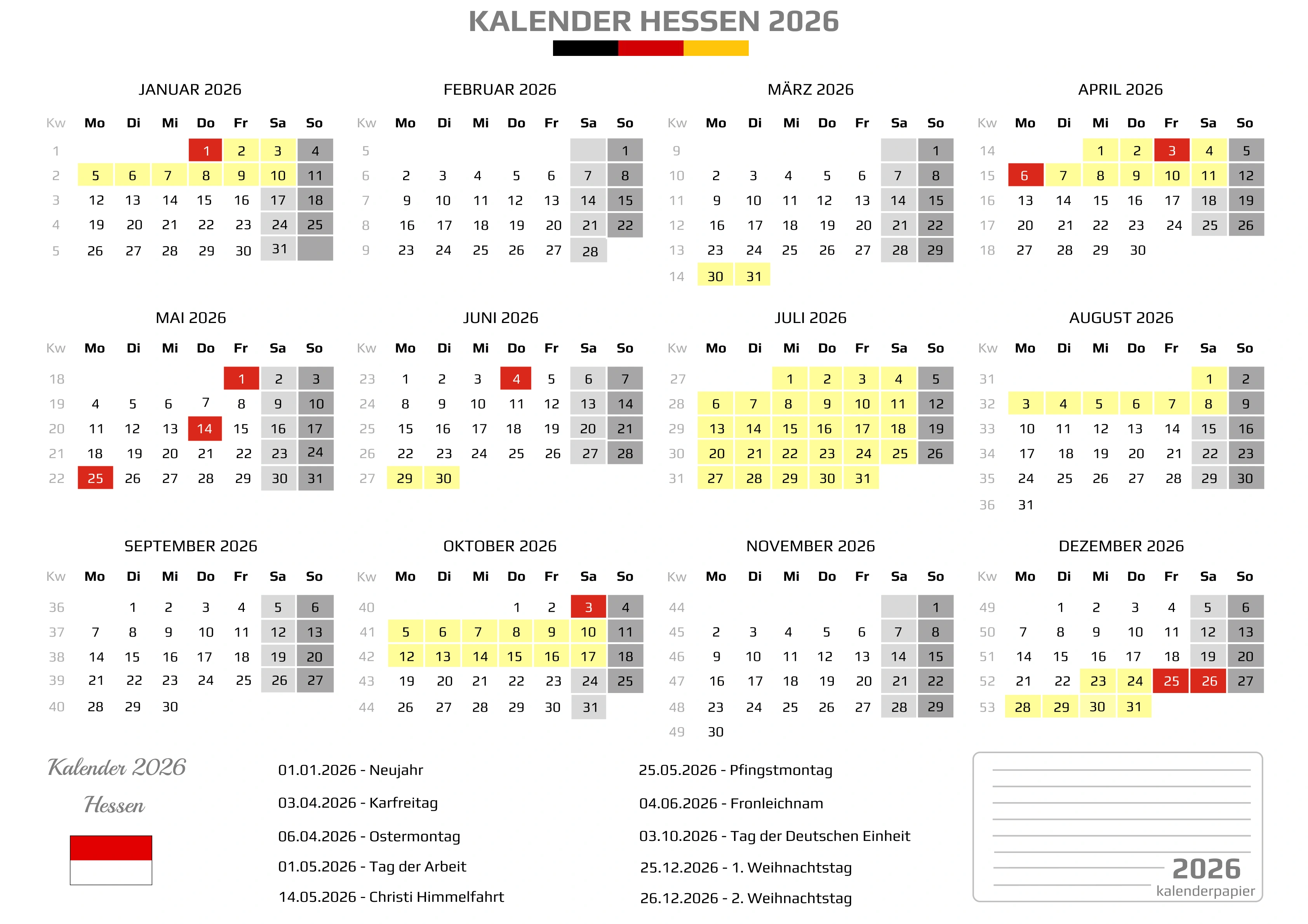 Der Kalender mit der Kompletten BW Feirtage