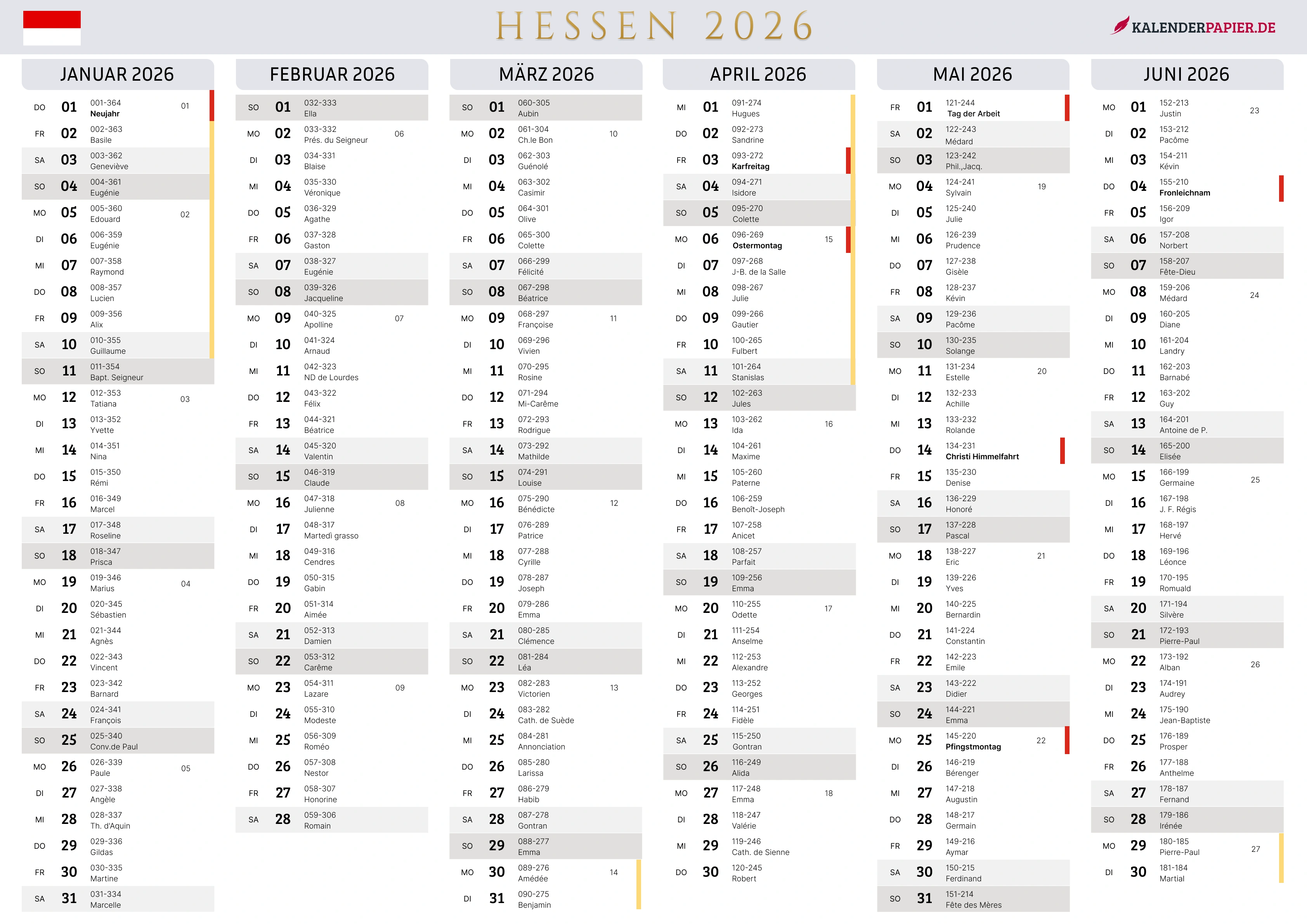 Der Kalender mit der Kompletten BW Feirtage