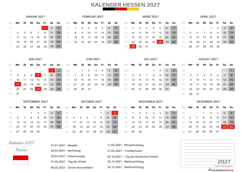 Kalender 2027 Hessen mit Feiertagen