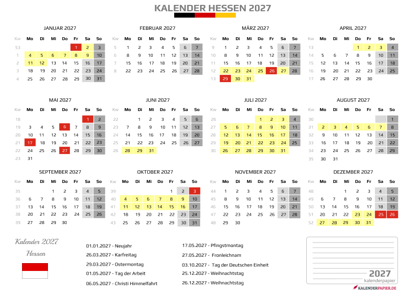 Kalender 2027 Hessen mit Ferien