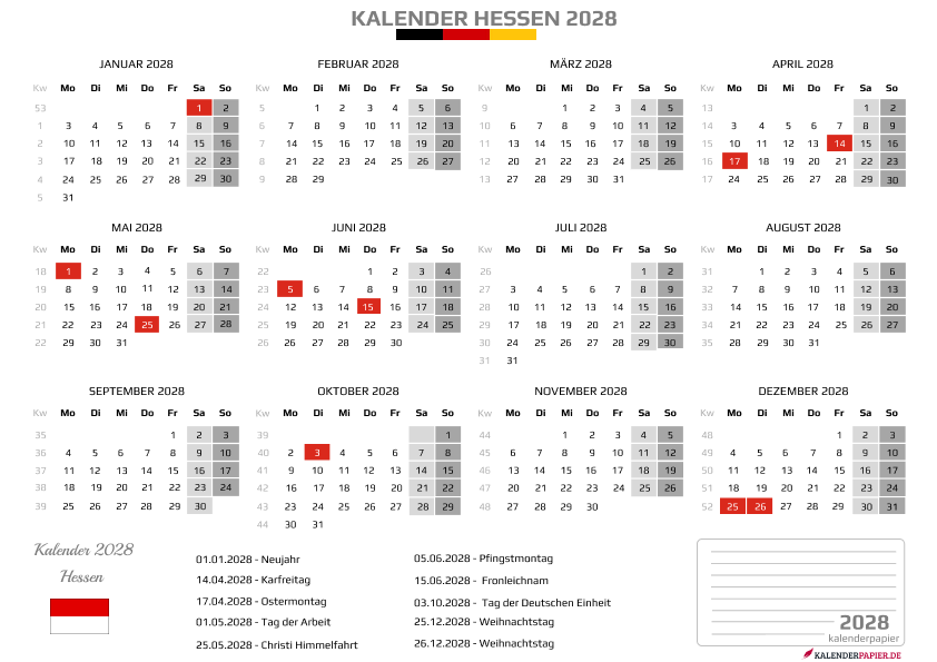 Kalender 2028 Hessen mit Feiertagen