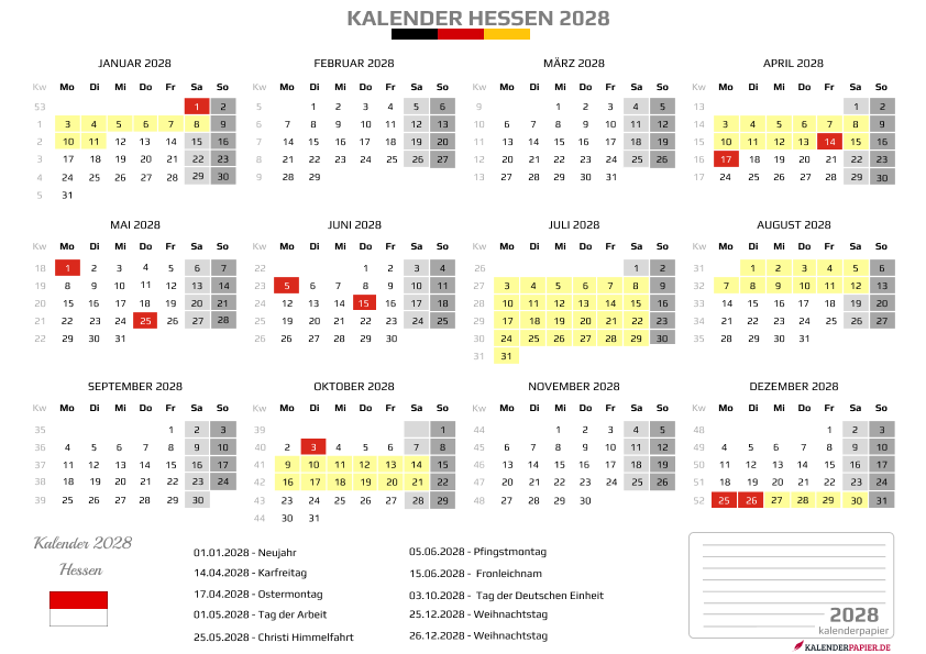 Kalender 2028 Hessen mit Ferien