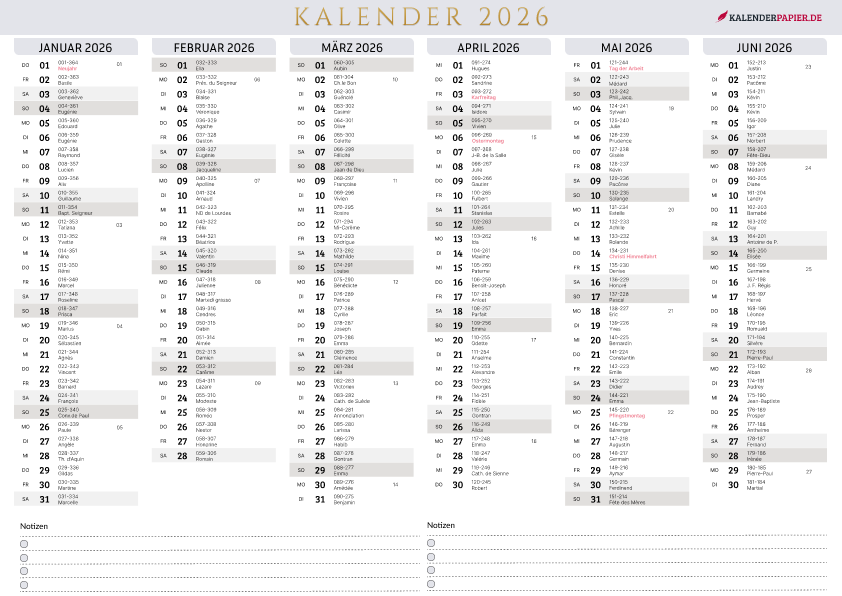 Jahreskalender 2026 mit Feiertagen Deutschland