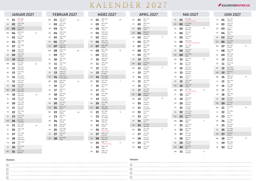 Jahreskalender 2027 mit Feiertagen Deutschland