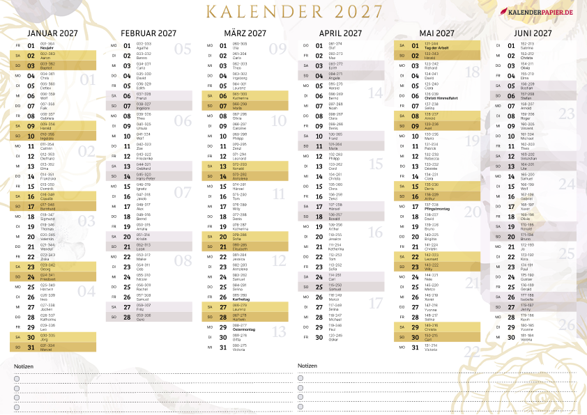 Jahreskalender 2027 mit Kalenderwochen