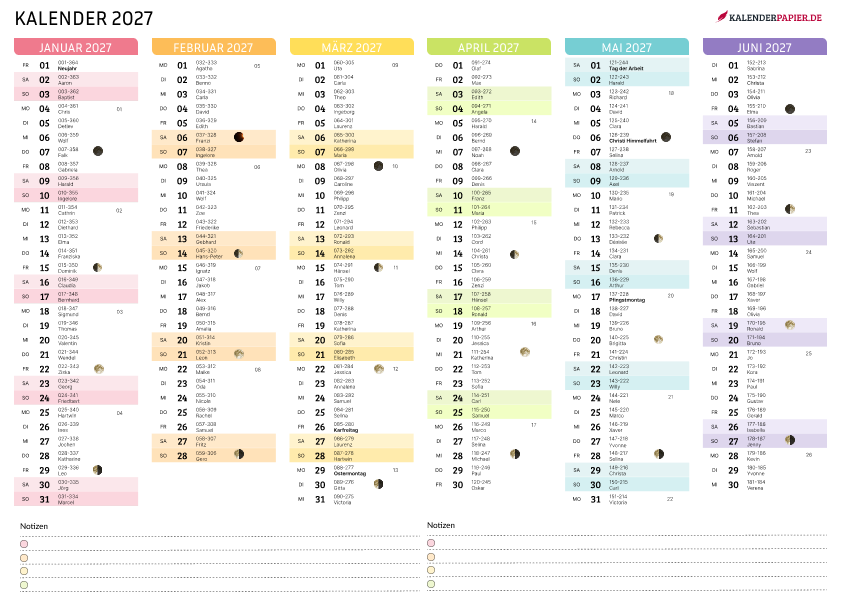 Jahreskalender 2027 mit Mondphasen