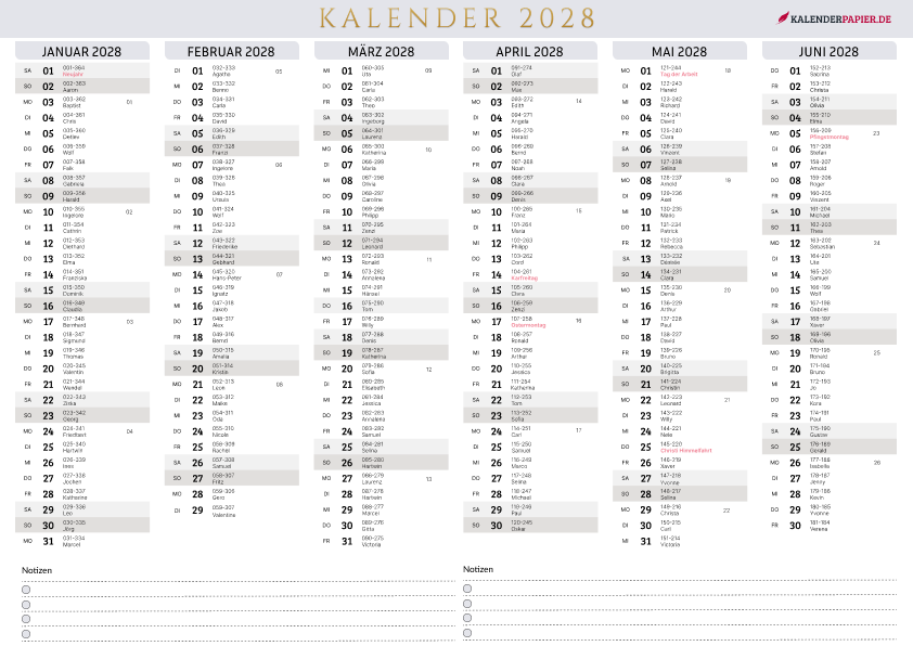 Jahreskalender 2028 mit Feiertagen Deutschland