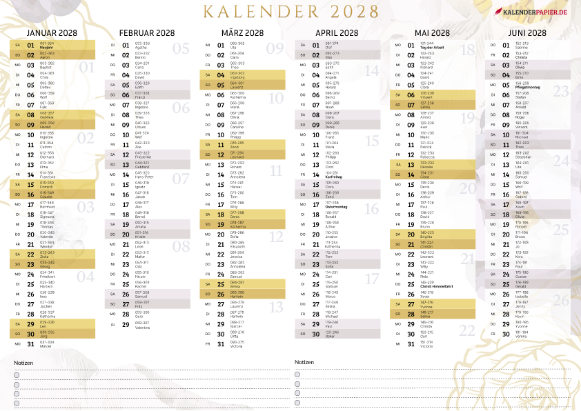 Jahreskalender 2028 mit Kalenderwochen