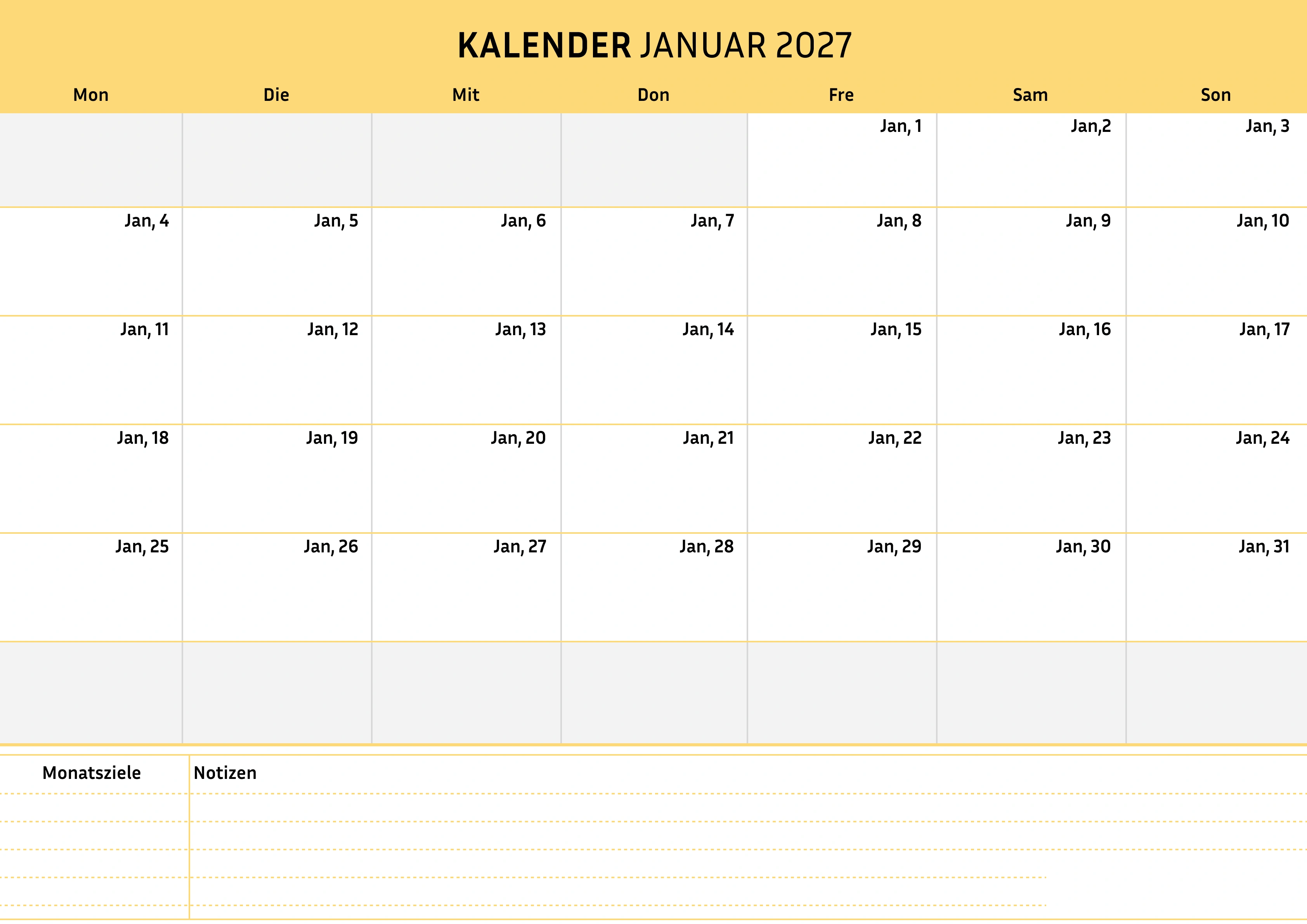 Januar Kalender 2027 Cremfarben
