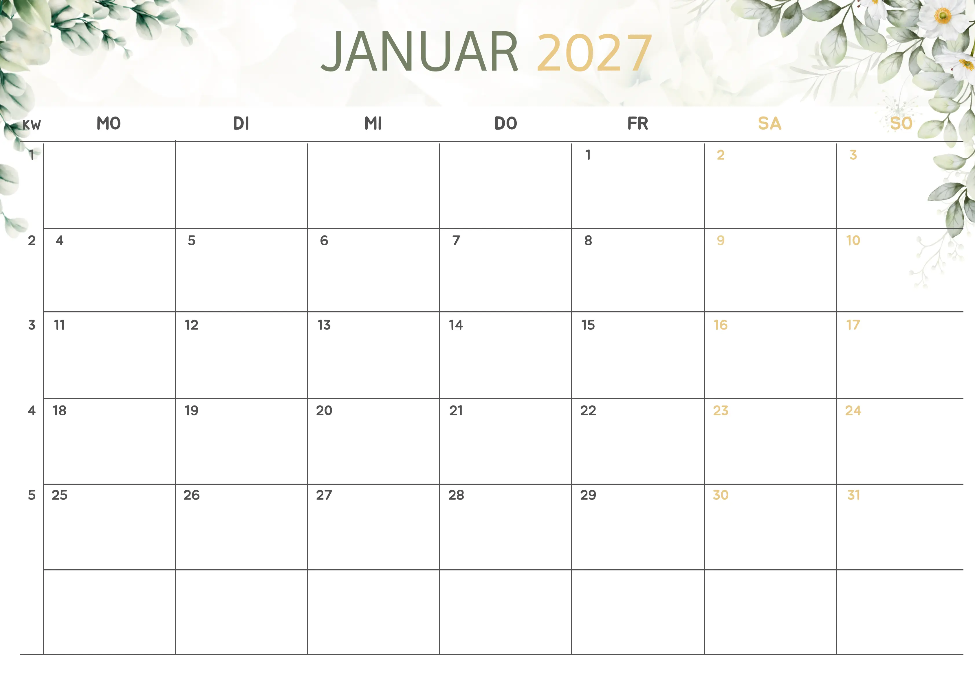 Semesterkalender 2026 Erstes Halbjahr Minimalistisch