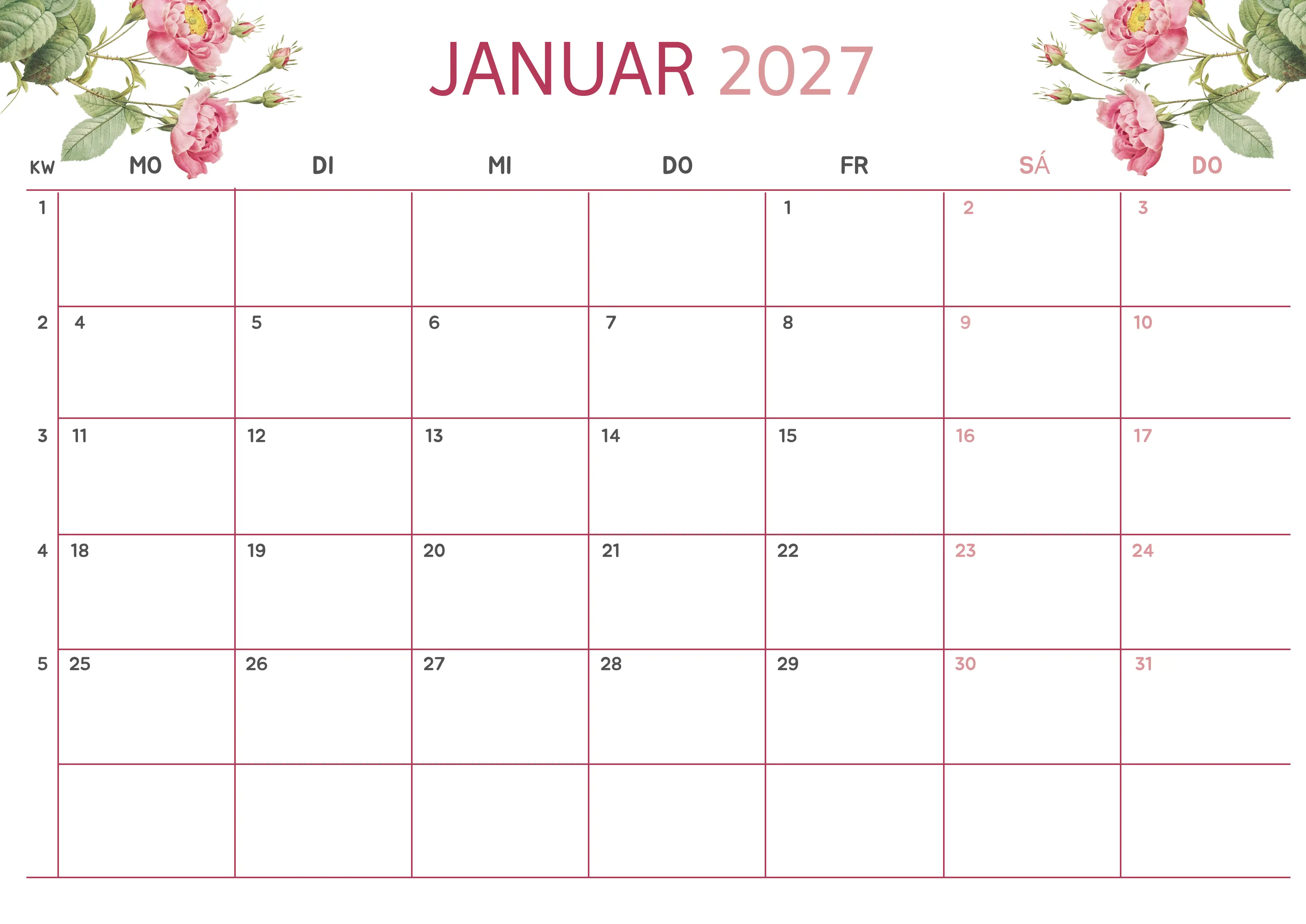 Semesterkalender 2026 Erstes Halbjahr Ästhetisch