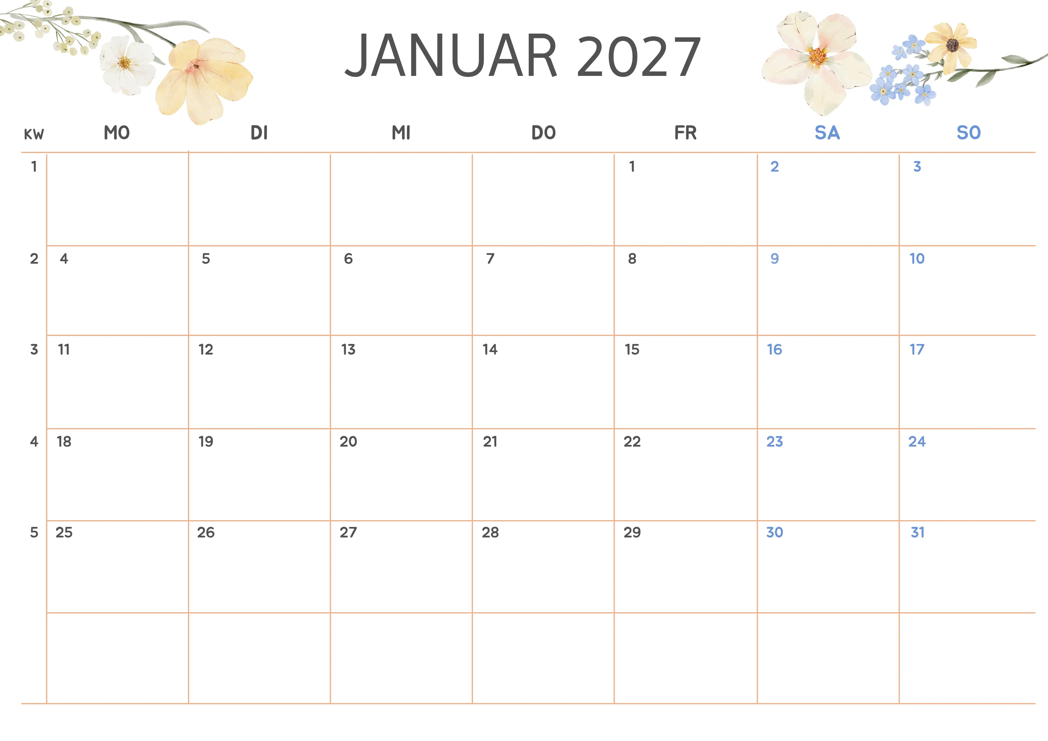 Semesterkalender 2026 Erstes Halbjahr Farbenfroh