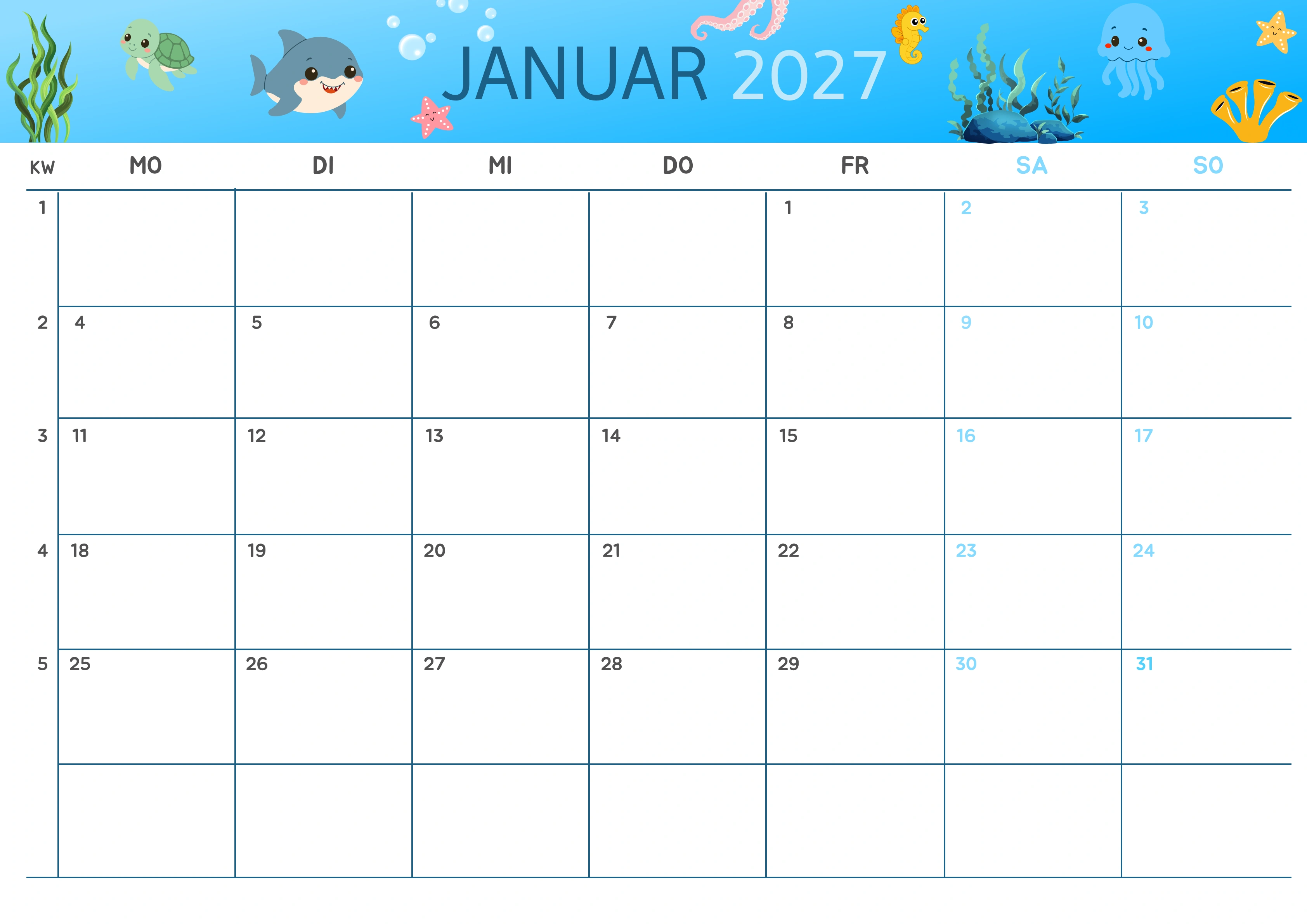 Semesterkalender 2026 Erstes Halbjahr Farbenfroh