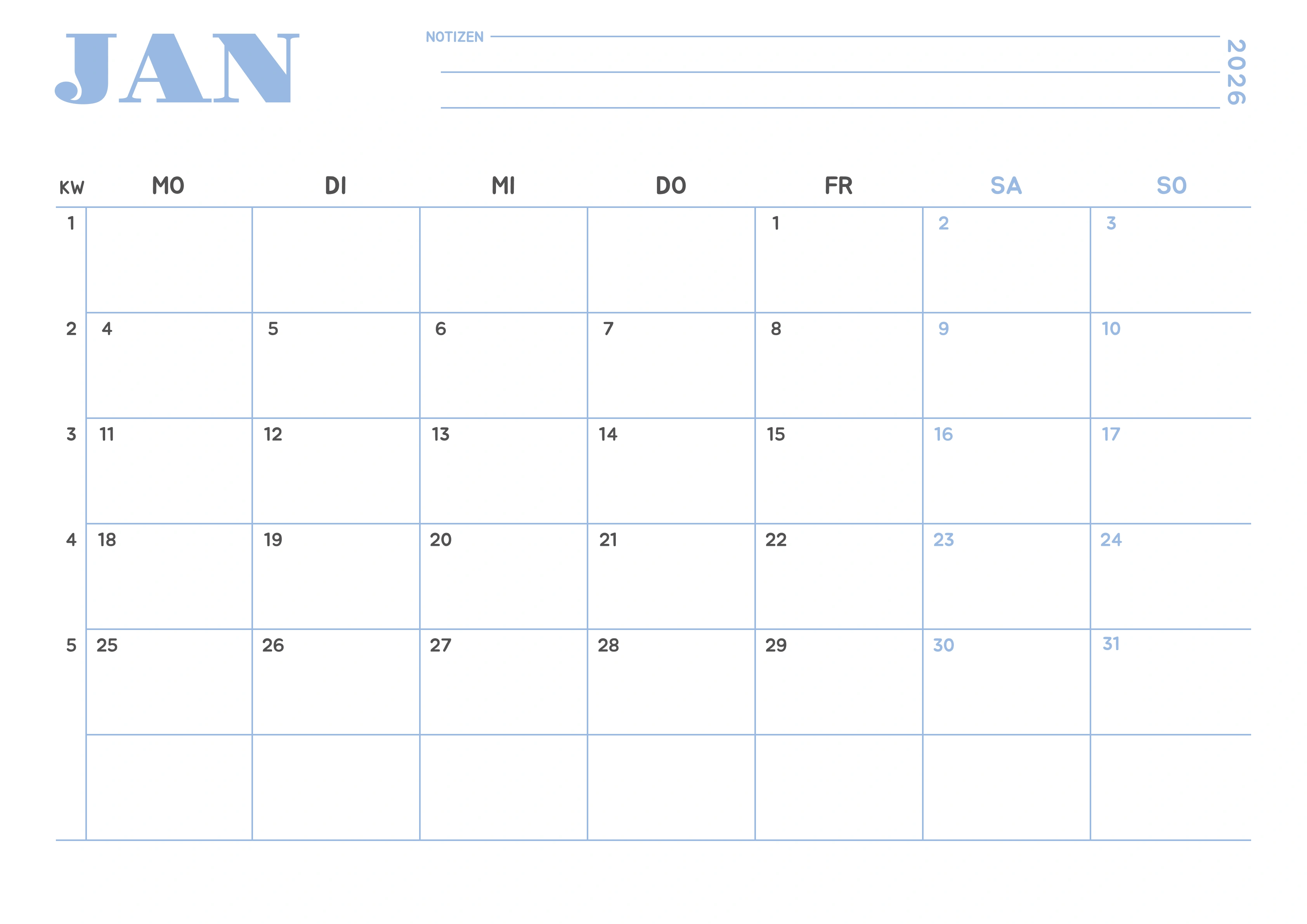 Januar Kalender 2027 Minimalistisch Himmelblau