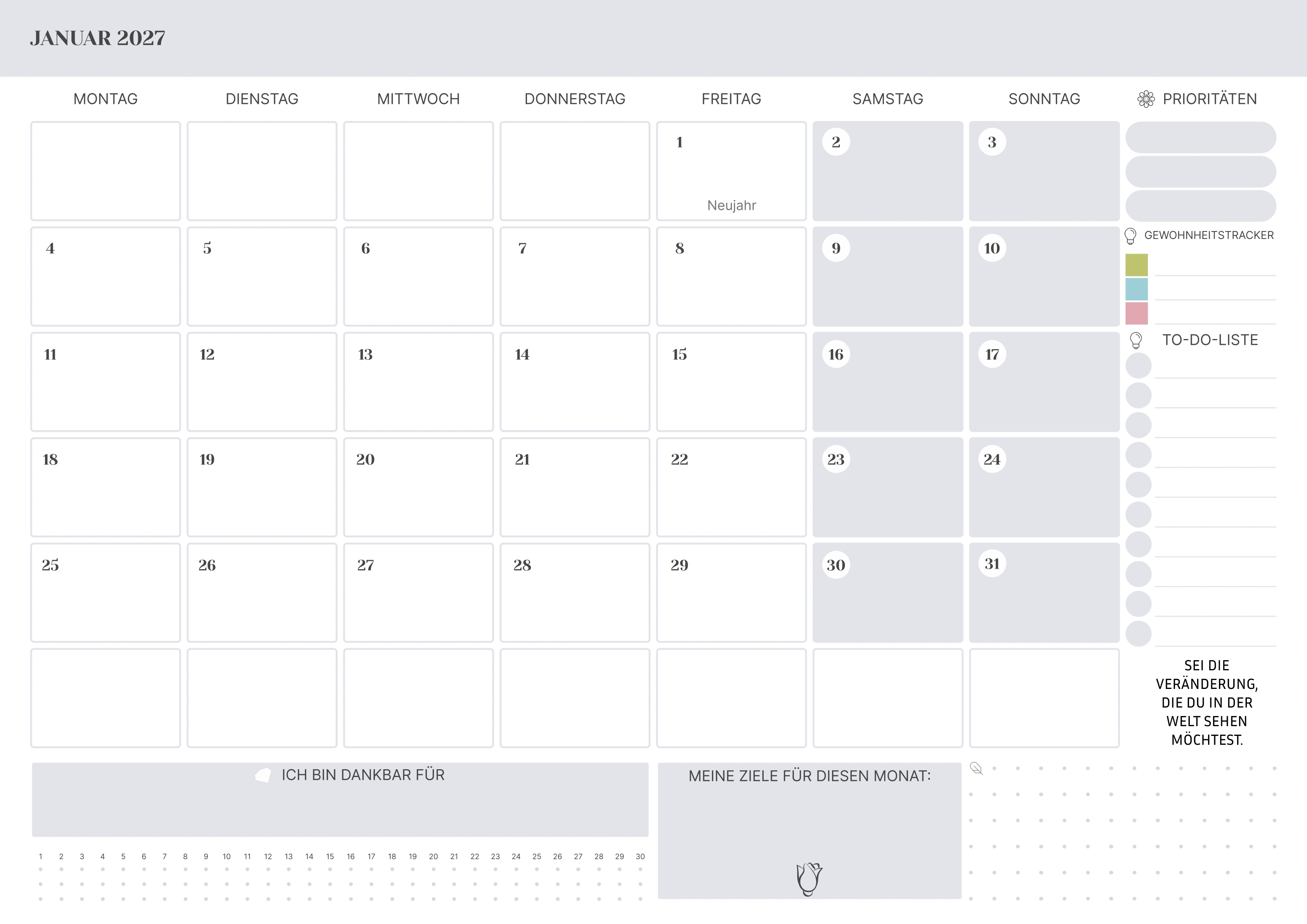 Januar Kalender 2027 mit Feiertagen