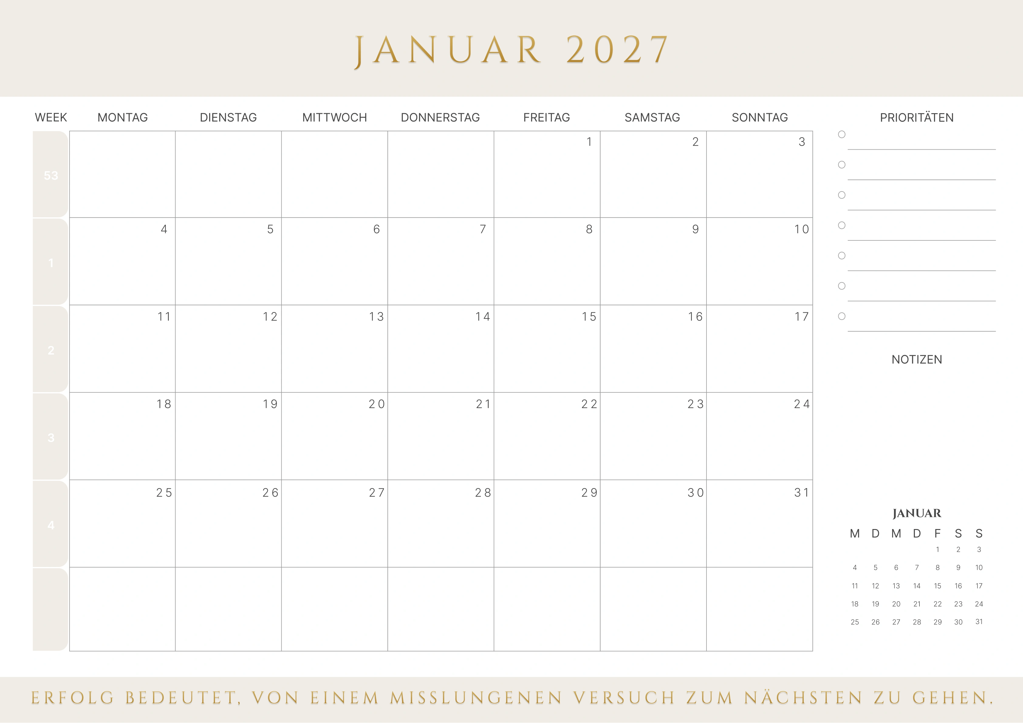 Januar Kalender 2027 mit Kalenderwochen