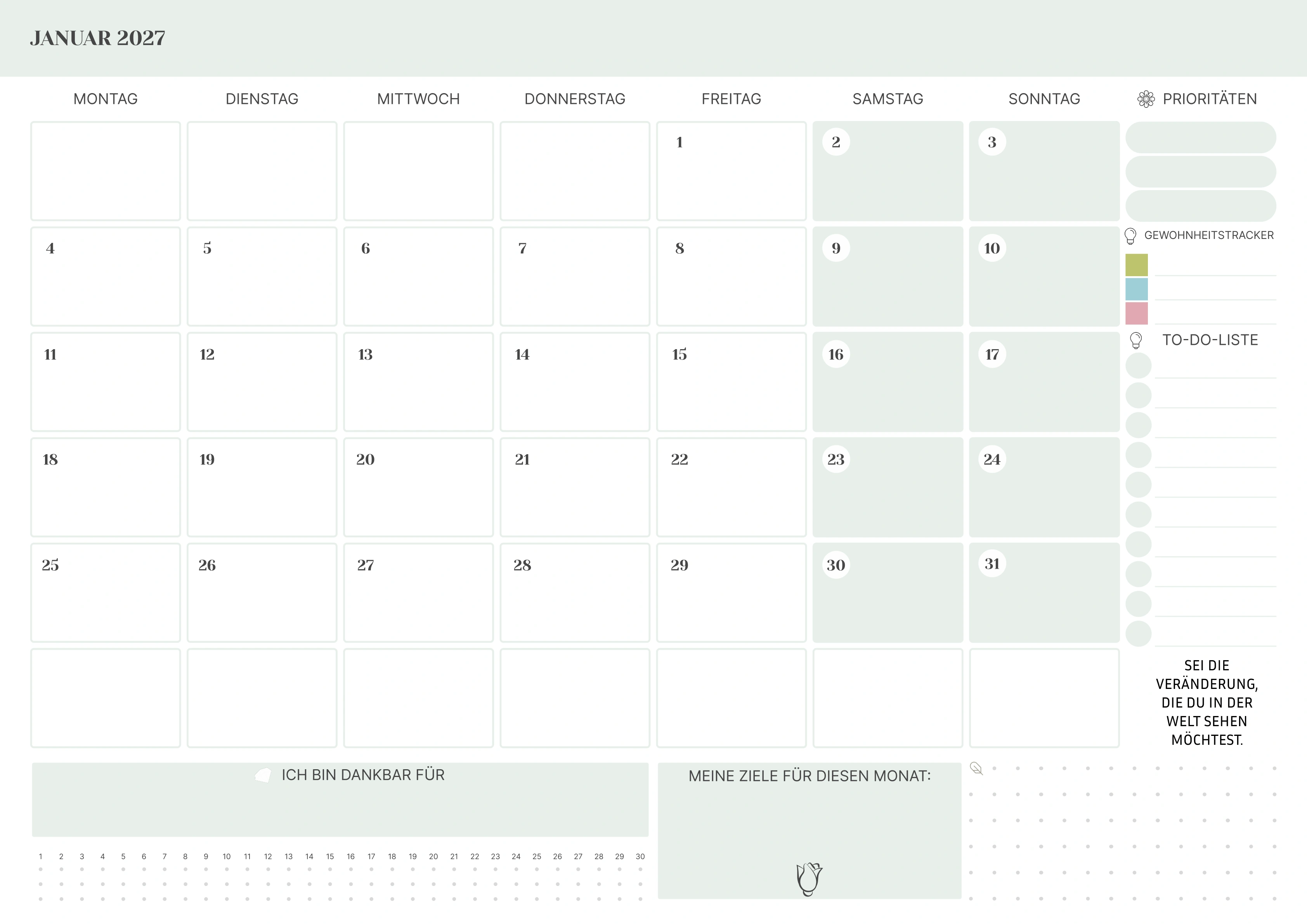 Januar Kalender 2027 mit Prioritäten