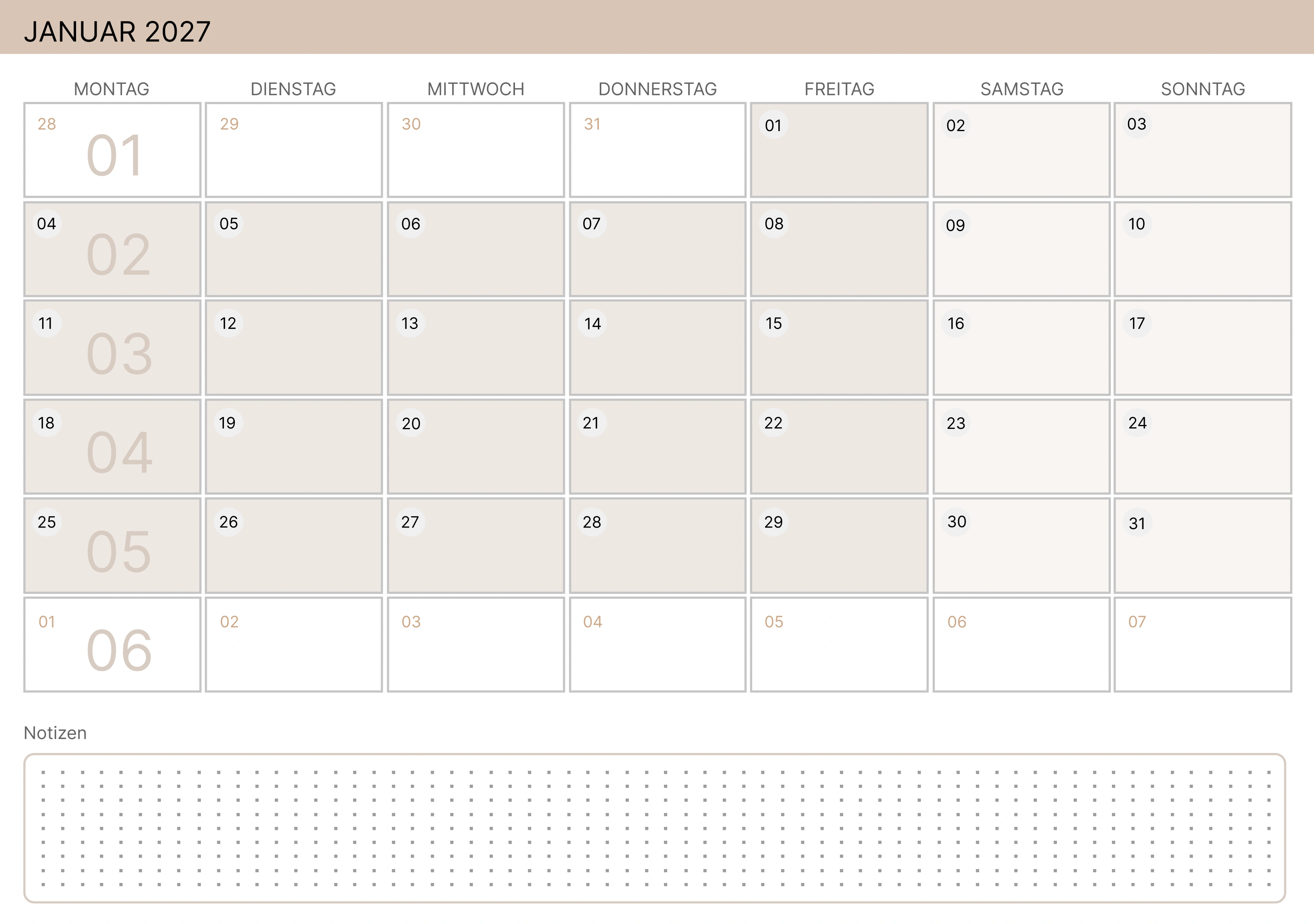 Januar Kalender 2027 Zartes Gelb