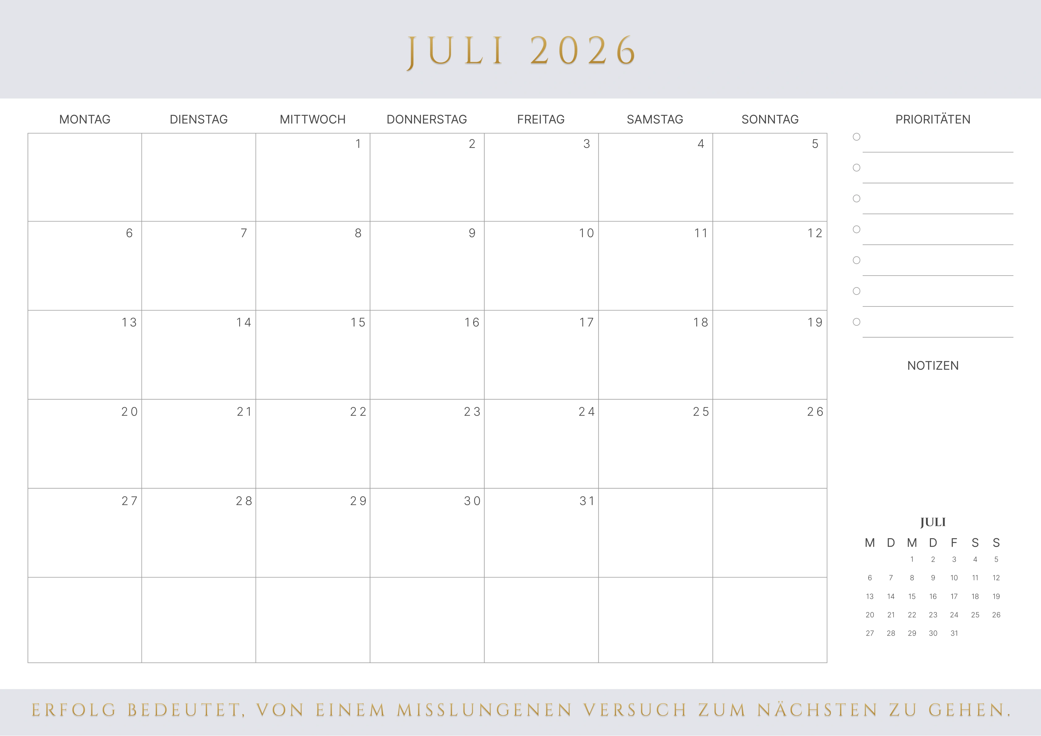 Juli Kalender 2026 Braun
