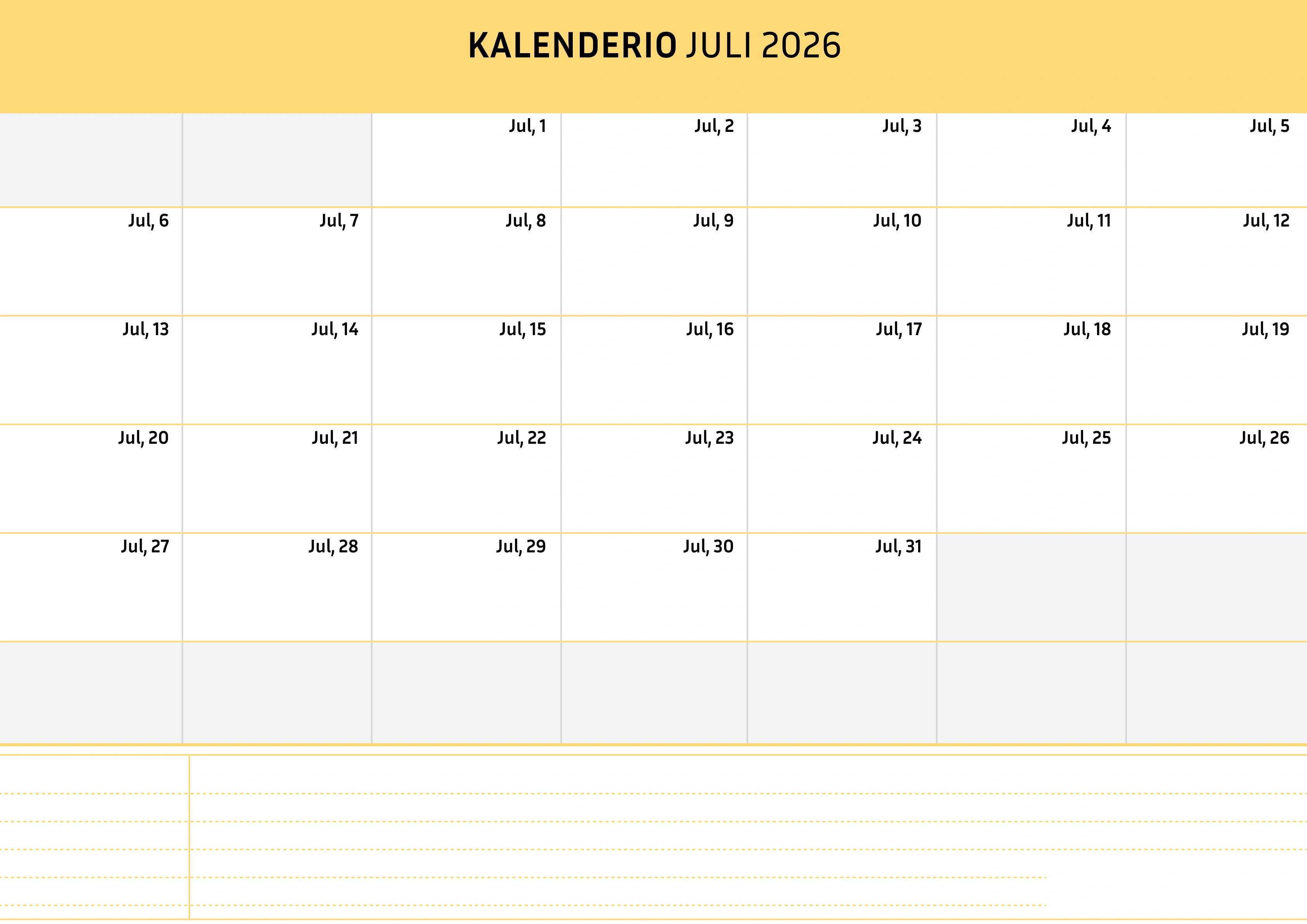 Juli Kalender 2026 Cremfarben