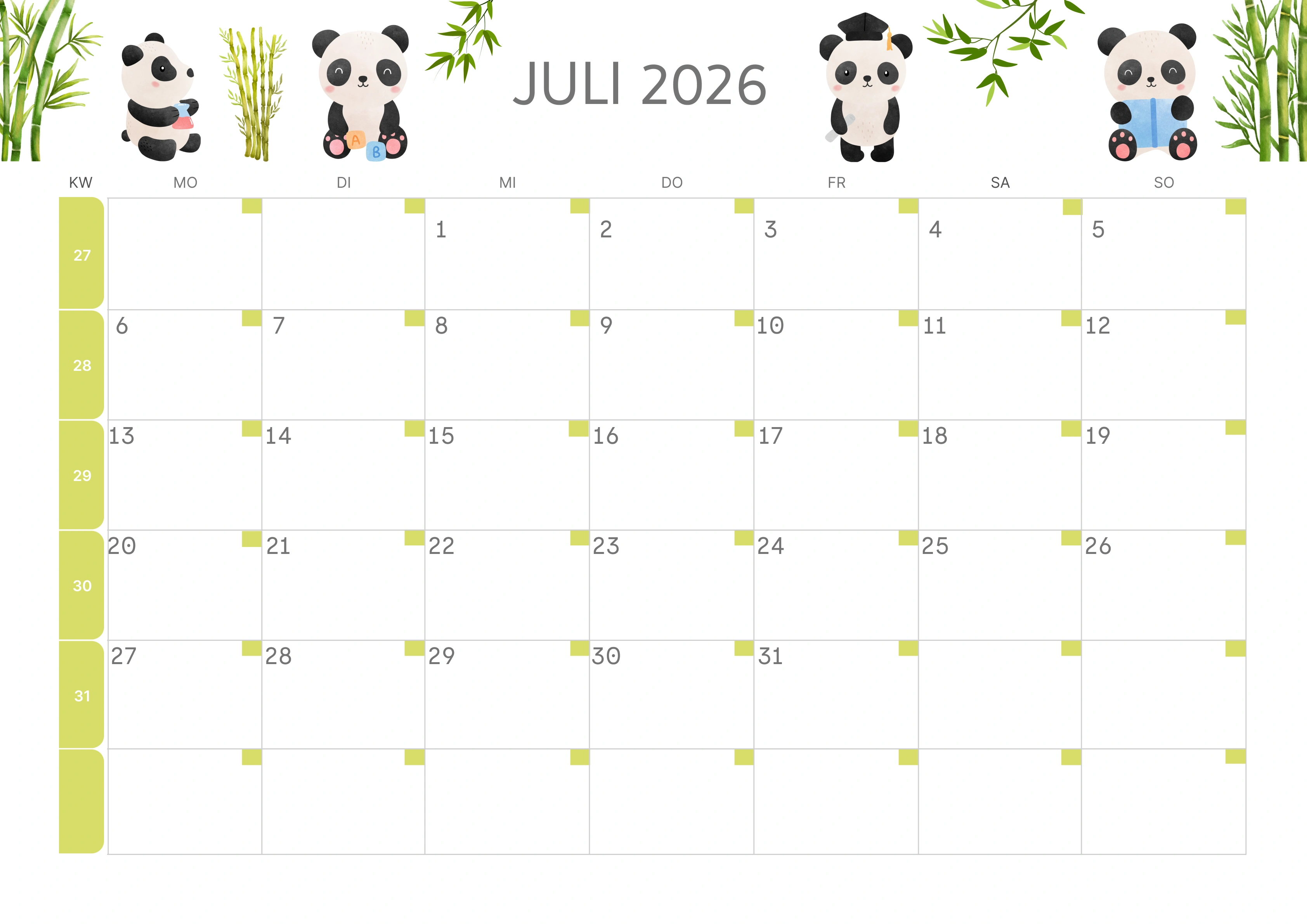 Semesterkalender 2026 Erstes Halbjahr Minimalistisch