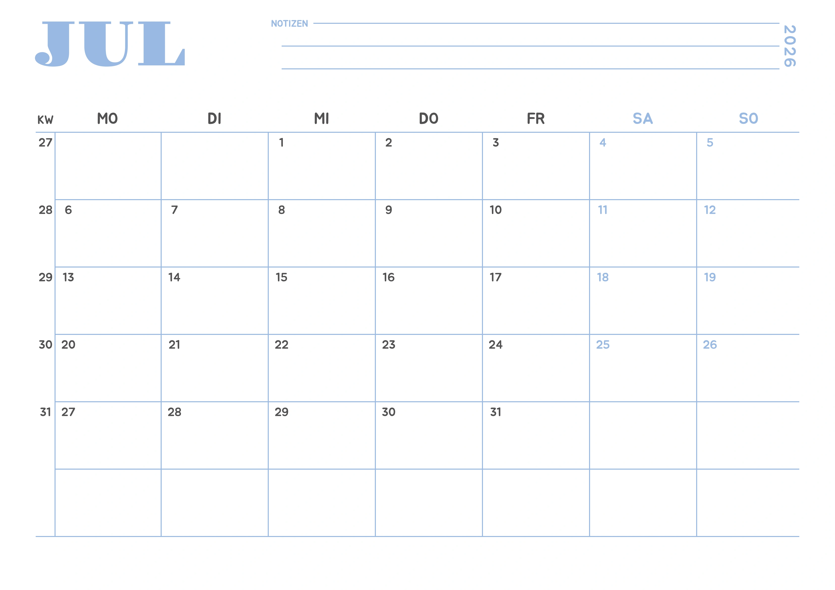 Juli Kalender 2026 Minimalistisch Himmelblau