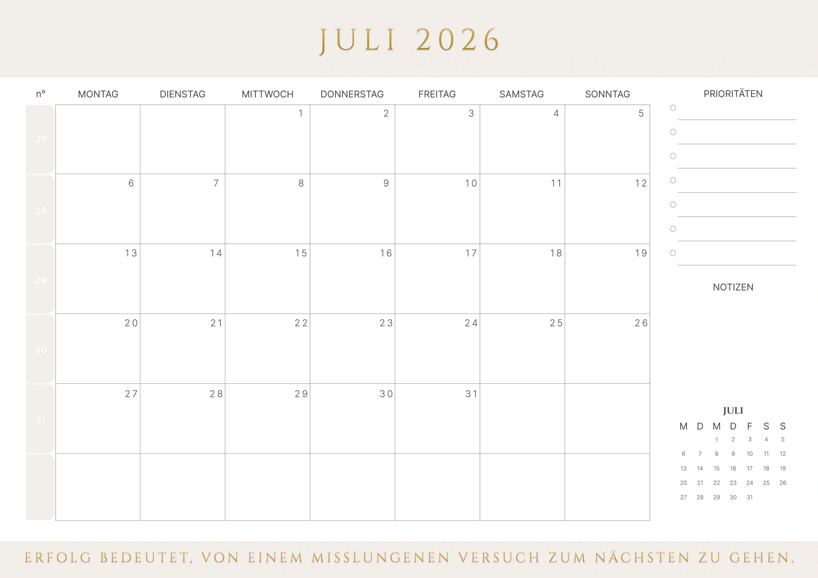 Juli Kalender 2026 mit Kalenderwochen