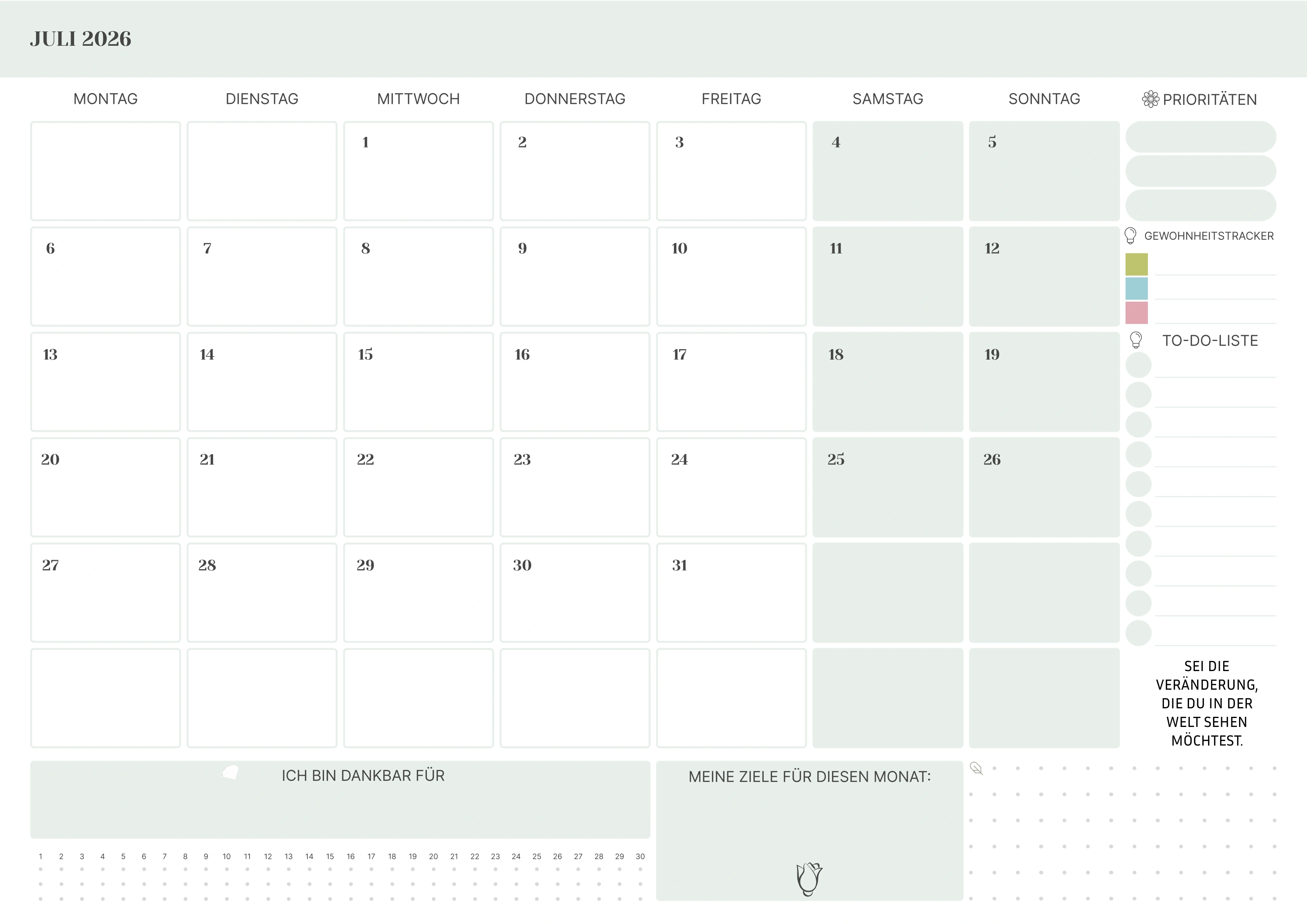 Juli Kalender 2026 mit Prioritäten
