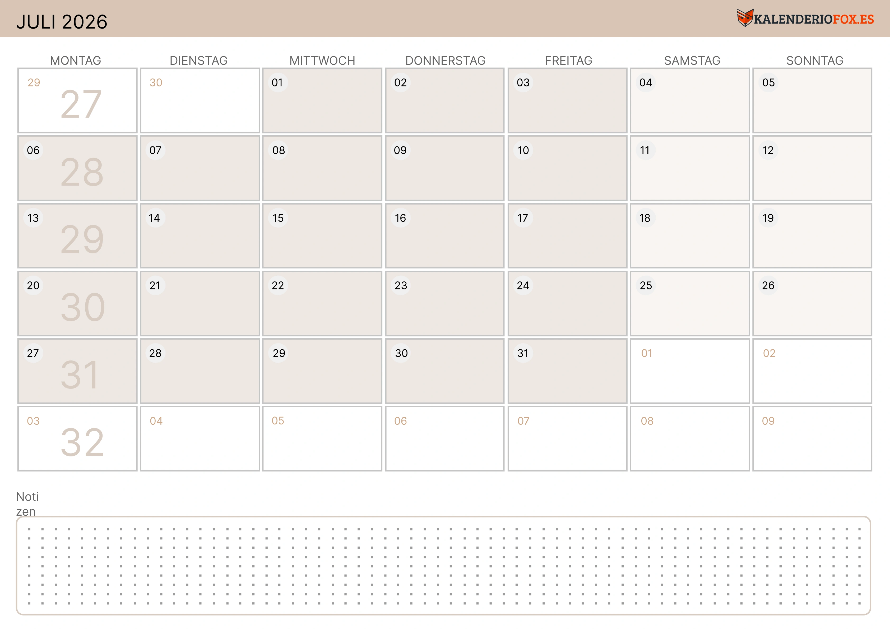 Juli Kalender 2026 Zartes Gelb
