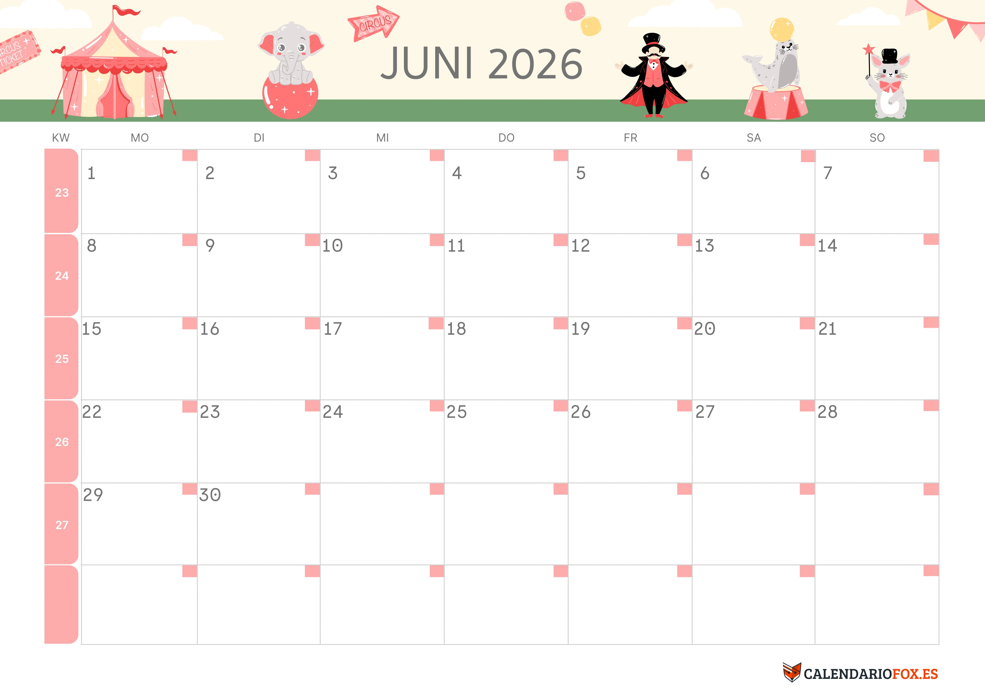 Semesterkalender 2026 Erstes Halbjahr Farbenfroh