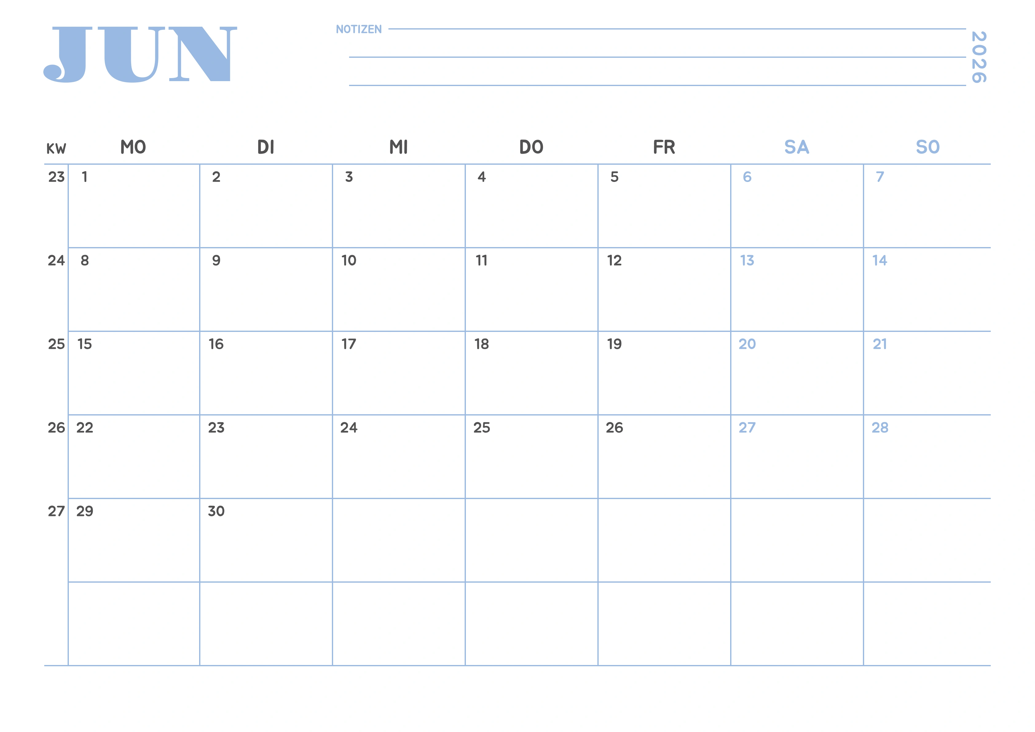 Juni Kalender 2026 Minimalistisch Himmelblau